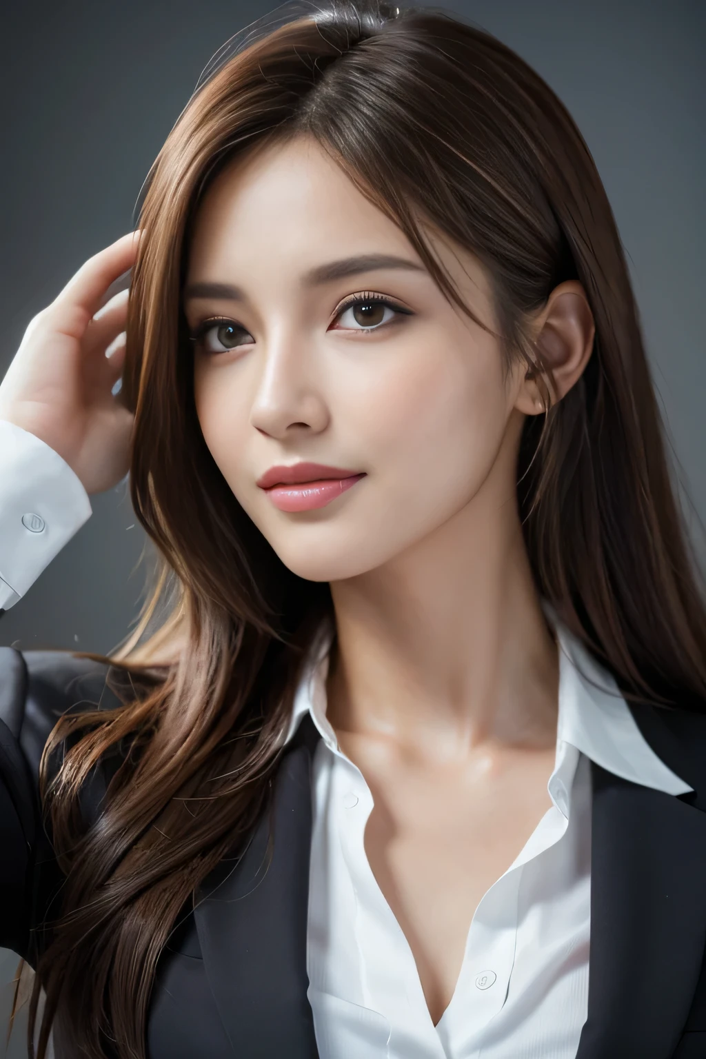 table top, highest quality, realistic, Super detailed, finely, High resolution, 8k wallpaper, 1 beautiful woman,, light brown messy hair, wearing a business suit, sharp focus, perfect dynamic composition, beautiful and detailed eyes, thin hair, Detailed realistic skin texture, smile, close-up portrait, model body shape