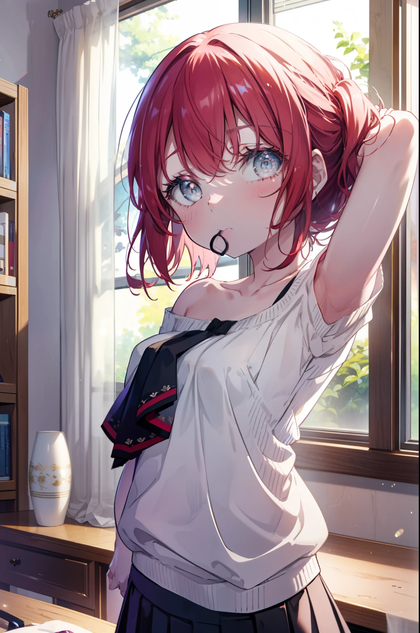 rubykurosawa, Ruby Kurosawa, aqua eye, medium hair, redhead, (flat chest:1.2),off shoulder sweater,bare clavicle,naked neck,bare shoulders,pleated skirt ray tracing, global illumination,tie hair in mouth,head,1 girl, alone, Upper body, put your hands in your hair, vanity table,小さい椅子に座っている 
break looking at viewer, 
break indoors, Bedroom, 
break (masterpiece:1.2), highest quality, High resolution, unity 8k wallpaper, (figure:0.8), (detailed and beautiful eyes:1.6), highly detailed face, perfect lighting, Very detailed CG, (perfect hands, perfect anatomy),