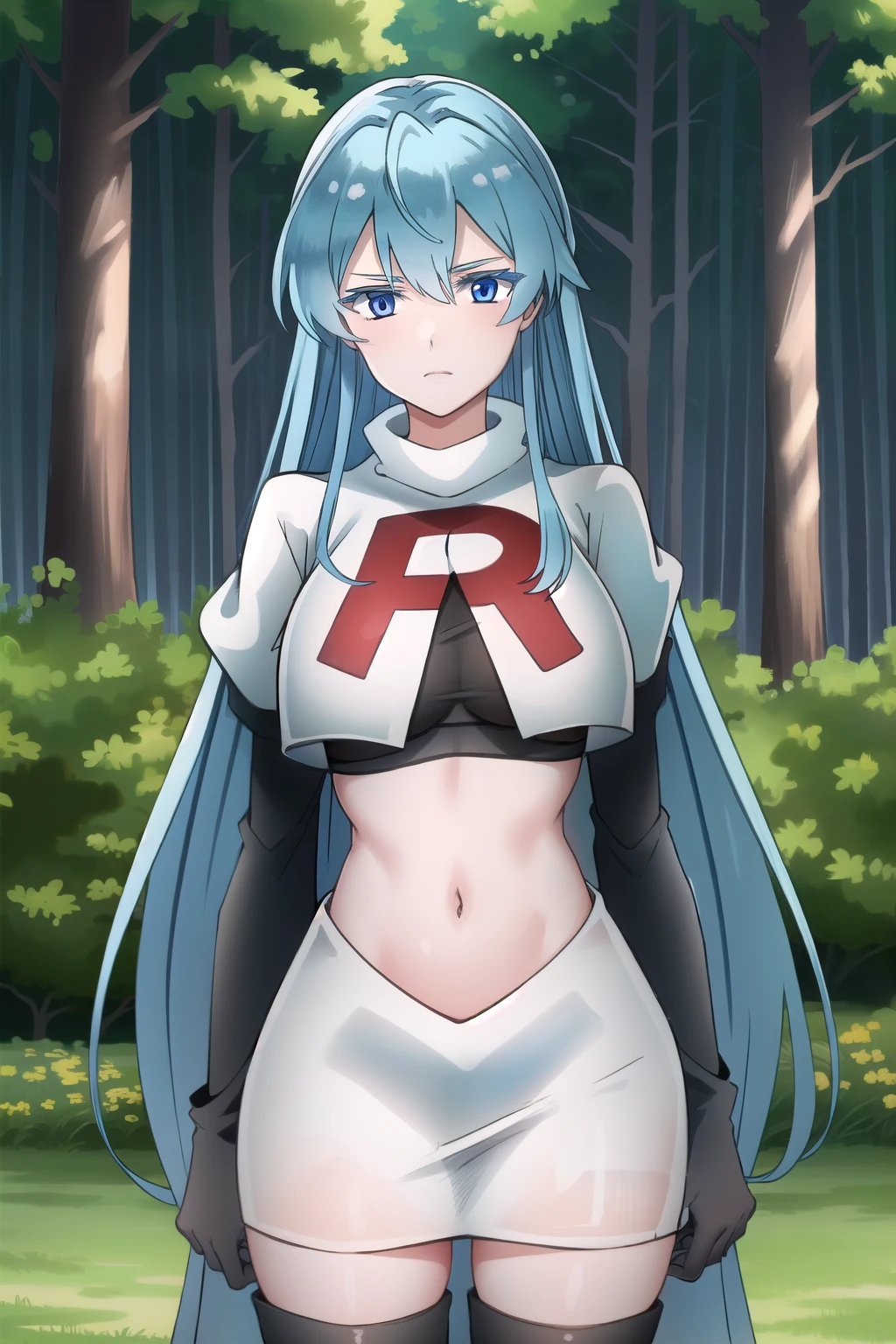 (extremely detailed CG unity 4k wallpaper),(masterpiece),(best quality),(ultra-detailed),(best illustration),(best shadow),(absurdres),(detailed background), Esdeath, 1girl, breasts, long hair, blue hair, blue eyes, large breasts, very long hair, nature, forest, tattoo, mature woman, team rocket,team rocket uniform, red letter R, white skirt,white crop top,black thigh-highs ,black elbow gloves