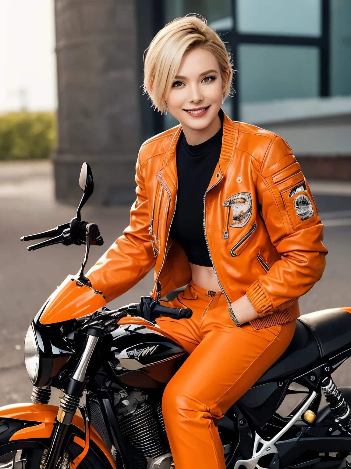 ((highest quality)), ((masterpiece)), (detailed motorcycle), perfect face、Accurate five-fingered hands、double eyelids、small face、blonde short hair、realistic skin texture、full body shot、long legs、Beauty、((orange jacket and pants))、smile、slender body、Moist eyes、((spread legs))、((riding a motorcycle))