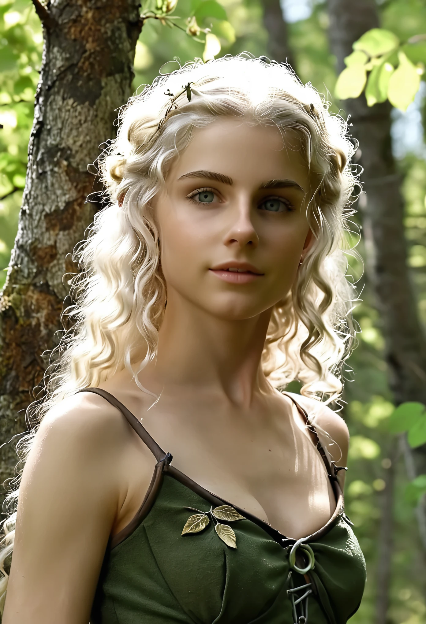 (Realistic:1.4), 18 years old elf archer in the forest, pale curly disheveled hair, delicate features of a thin face, cute sexy, Fantasy style , 8K, proffesional photography, Hi-Def, lifelike skin, Without cosmetics, Incredibly fair skin, background of the Middle Ages, Rocky Creek, The sun shines its rays through the treetops, bokeh