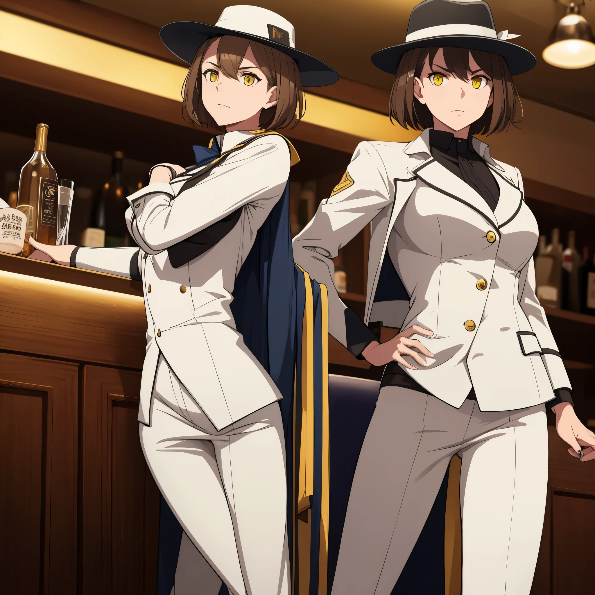 A woman with short brown hair, yellow eyes, wearing a white smooth criminal style suit, white hat, in a bar at night.
