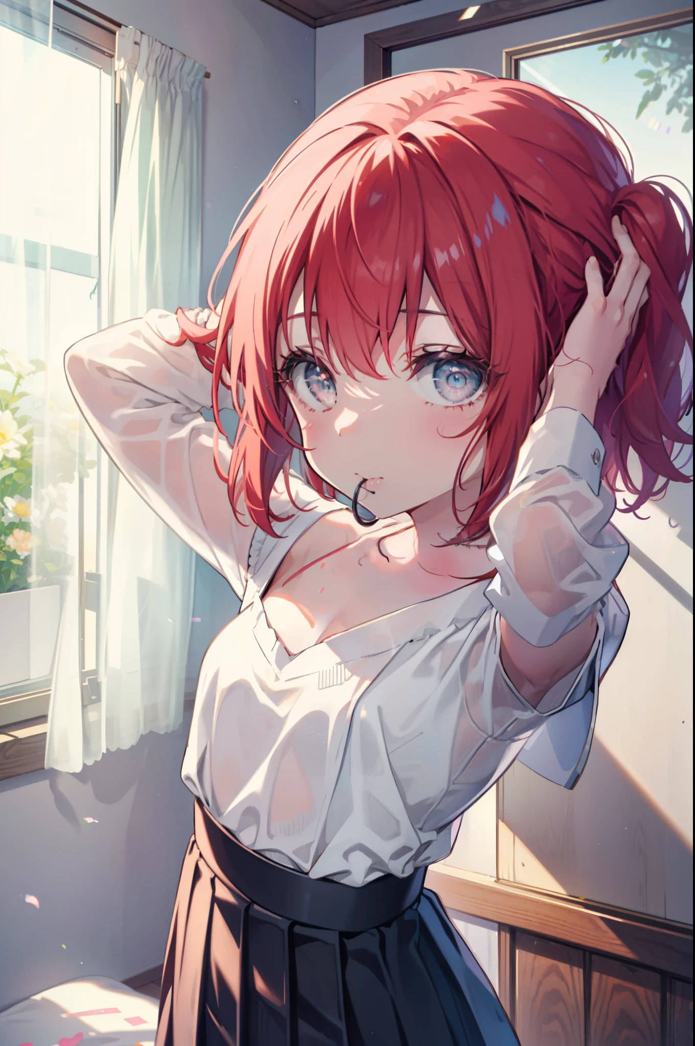 rubykurosawa, Ruby Kurosawa, aqua eye, medium hair, redhead, (flat chest:1.2),smile,off shoulder sweater,bare clavicle,naked neck,bare shoulders,pleated skirt ray tracing, global illumination,tie hair in mouth,head,1 girl, alone, Upper body, put your hands in your hair, vanity table,小さい椅子に座っている 
break looking at viewer, 
break indoors, Bedroom, 
break (masterpiece:1.2), highest quality, High resolution, unity 8k wallpaper, (figure:0.8), (detailed and beautiful eyes:1.6), highly detailed face, perfect lighting, Very detailed CG, (perfect hands, perfect anatomy),