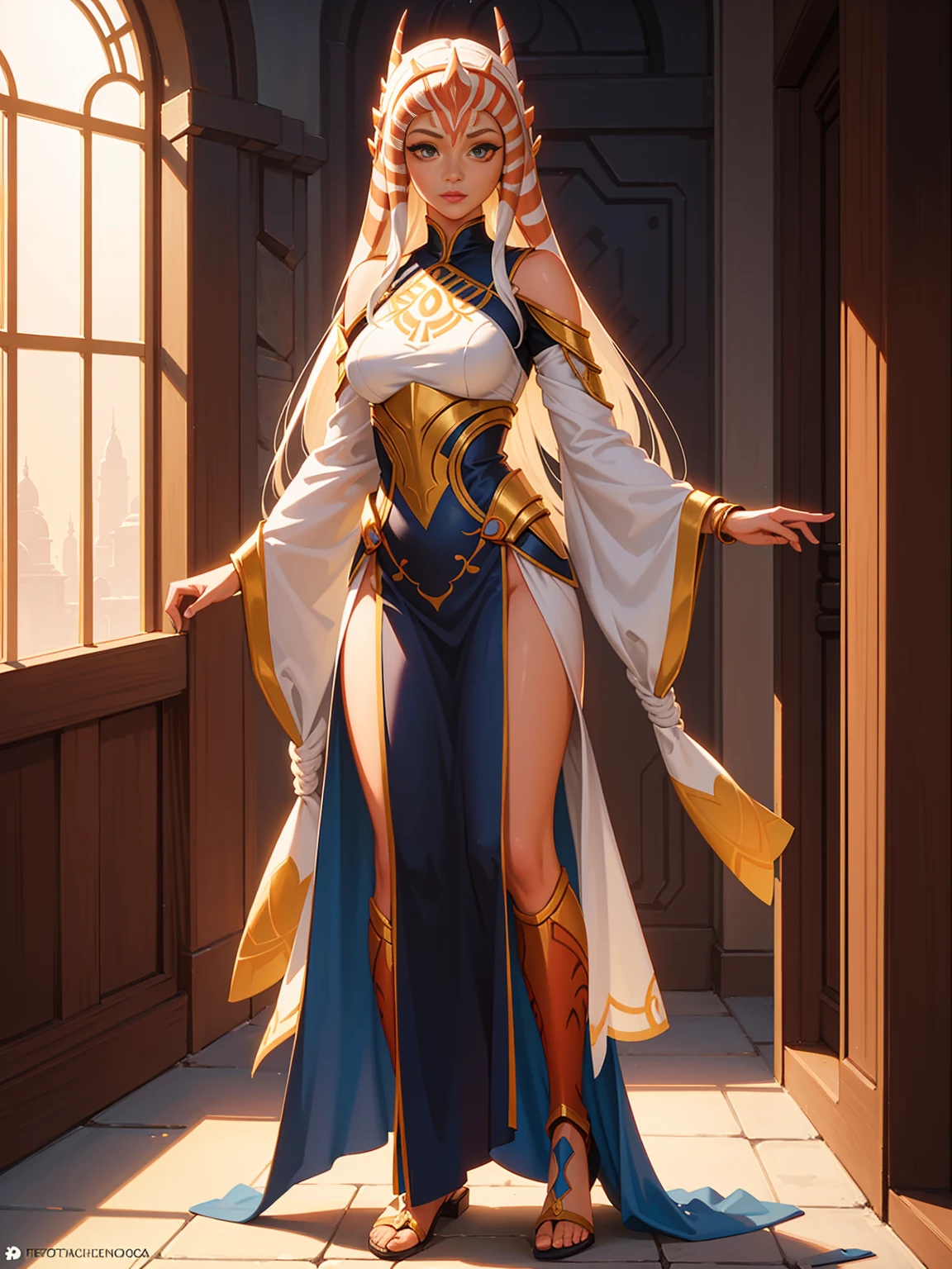 ((Full body photo,standing, feet on the ground))A detailed depiction of Ahsoka Tano in a beautiful garden, wearing her iconic outfit. Her eyes are beautifully detailed, with long eyelashes, and her lips are also beautifully detailed. The artwork should be created using a mix of illustration and oil painting techniques, resulting in a medium that perfectly captures Ahsoka's likeness. The image should have the highest quality, with a resolution of 4K or 8K, showcasing ultra-detailed elements. The final result should be realistic and photorealistic, capturing Ahsoka's essence and personality. The color palette should be vibrant and vivid, with a warm and inviting tone. The lighting should be carefully crafted to enhance Ahsoka's features and create a warm and welcoming atmosphere.