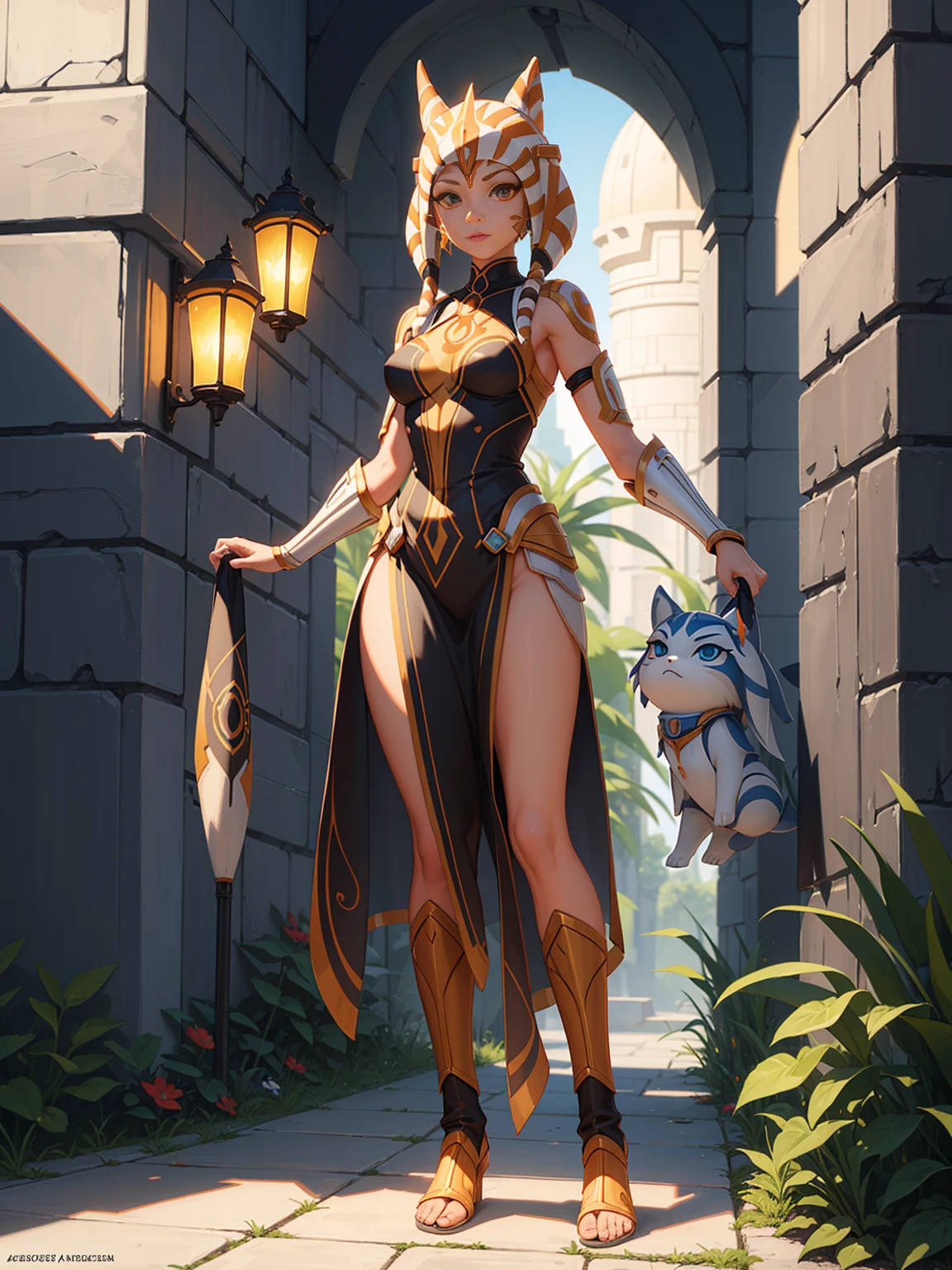 ((Full body photo,standing, feet on the ground))A detailed depiction of Ahsoka Tano in a beautiful garden, wearing her iconic outfit. Her eyes are beautifully detailed, with long eyelashes, and her lips are also beautifully detailed. The artwork should be created using a mix of illustration and oil painting techniques, resulting in a medium that perfectly captures Ahsoka's likeness. The image should have the highest quality, with a resolution of 4K or 8K, showcasing ultra-detailed elements. The final result should be realistic and photorealistic, capturing Ahsoka's essence and personality. The color palette should be vibrant and vivid, with a warm and inviting tone. The lighting should be carefully crafted to enhance Ahsoka's features and create a warm and welcoming atmosphere.