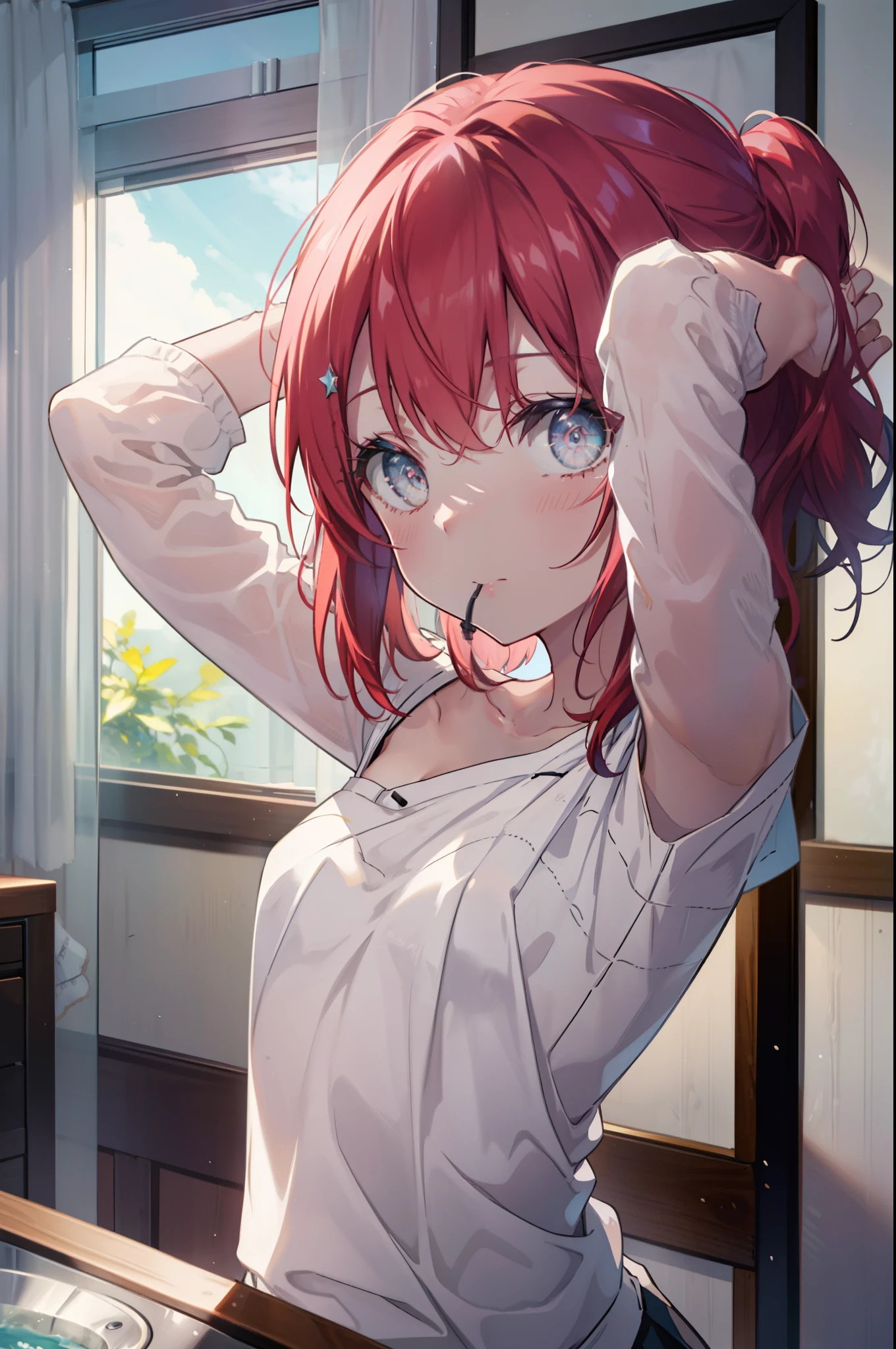 rubykurosawa, Ruby Kurosawa, aqua eye, medium hair, redhead, (flat chest:1.2),smile,off shoulder sweater,bare clavicle,naked neck,bare shoulders,pleated skirt ray tracing, global illumination,tie hair in mouth,head,1 girl, alone, Upper body, put your hands in your hair, vanity table,小さい椅子に座っている 
break looking at viewer, 
break indoors, Bedroom, 
break (masterpiece:1.2), highest quality, High resolution, unity 8k wallpaper, (figure:0.8), (detailed and beautiful eyes:1.6), highly detailed face, perfect lighting, Very detailed CG, (perfect hands, perfect anatomy),