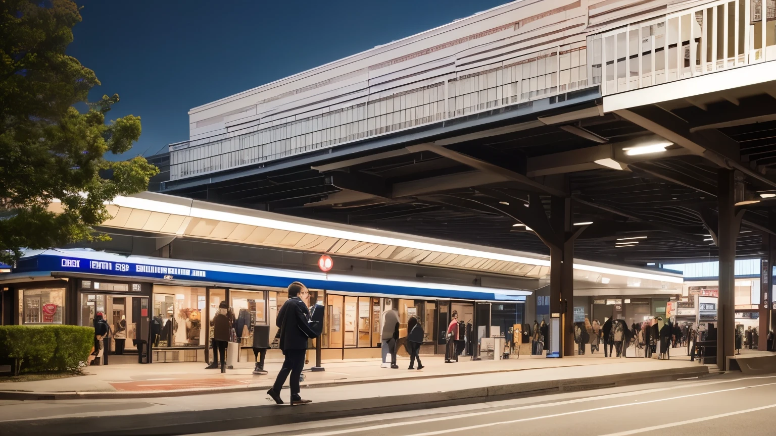 (highest quality,High resolution,super detailed,realistic:1.2) 混雑したstation platform, eye level perspective,night scenery、train、station platform、young woman、smile、black hair medium long、after work、sabrina bag、white blouse、skirt、high heels、engagement ring、lively crowd, dynamic movement, modern architecture, city life、Station scenery during the rush to return home。
