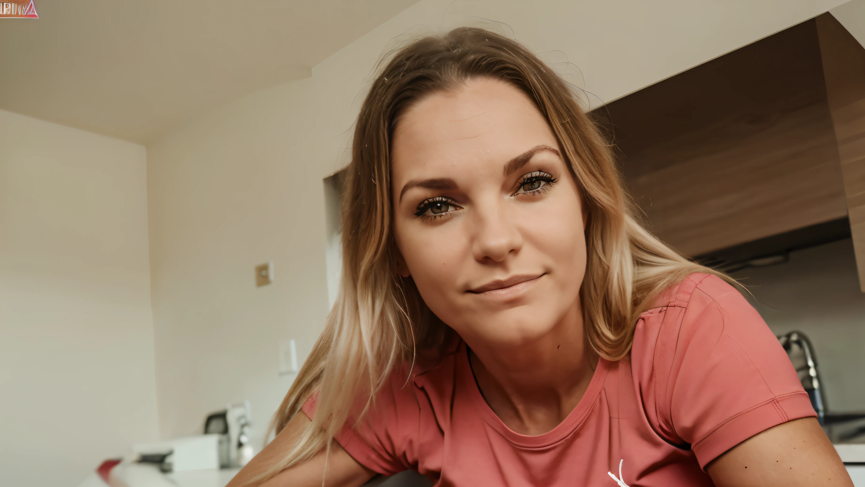 MUJER, 40 years, CALIDAD DE IMAGEN ULTRA, RUBIA, SONRISA, CARA BIEN DEFINIDA, OJOS MARRONES, photographic portrait, REMERA ROJA, realista