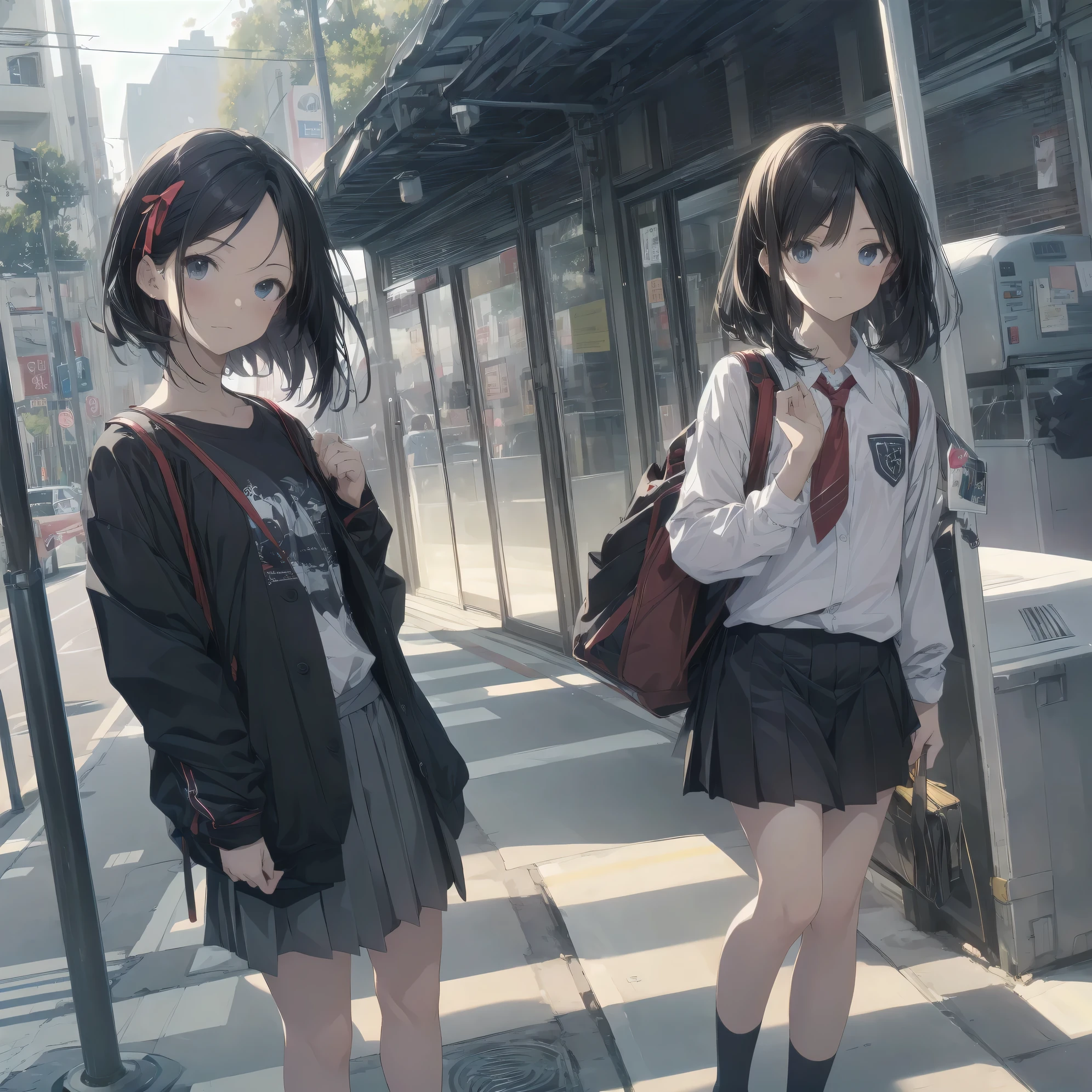 Super absurd quality by the god of art, super detailed, High resolution, anime moe art style, Best Anime 8K Kona-chan Wallpaper, pixiv contest winner, perfect anatomy, break,(眠そうにalone学校へ行く女の子を描いてください. )break,1 girl, (alone,little woman, 13 years old:1.3),All limbs, full finger,, The charm of an immature body, (very_short hair), bangs, small ass, between legs, small eyes, small black eyes, detailed and beautiful eyes, Well-proportioned iris and pupils, expressive eyes, High resolutionの詳細な髪, neck ribbon, skirt, collared shirt, pleated skirt, school uniform, school bag,(detailed lighting), (detailed background), On the way to school. break,super dense skin, Best cinematic lighting powered by famous artist, 8k,Beauty Illustration,photoshop_(Moderate),Absurd Hi-Res,Hmm,rough skin,break,((artist:dark black,)) artist:Rinzo, artist:mitsumi misato,artist:akinashi yuu