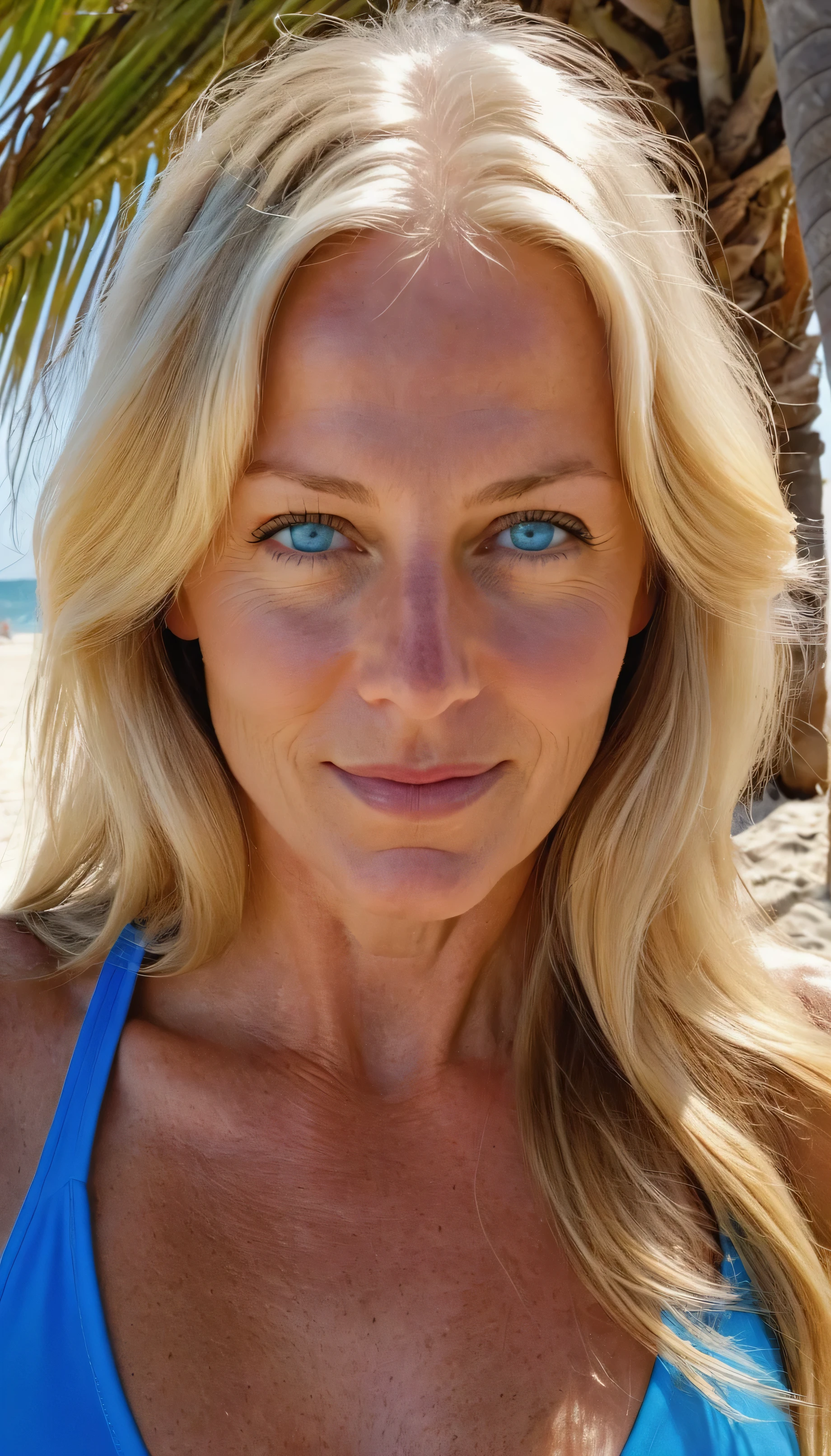 An iPhone photo of a 45-year-old American woman with long, flowing blonde hair and striking blue eyes Wearing a tight blue buttoned up t-shirt, the 4 top buttons unbuttoned, you can see the white two peace swimsuit bikini she is wearing under it. She should have a natural, approachable expression and be illuminated and hard shadows. The background should be a sunlit beach. Capture this image with a high-resolution photograph using an iPhone 14 Pro camera.