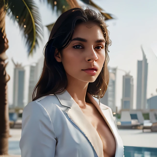 Russian Persian girl blue eyes with brunette blonde and exotic and white skin. who is model wearing a white shirt and red blazer in Dubai a luxury hotel Porta 160 color, shot on ARRI ALEXA 65, bokeh, sharp focus on subject,