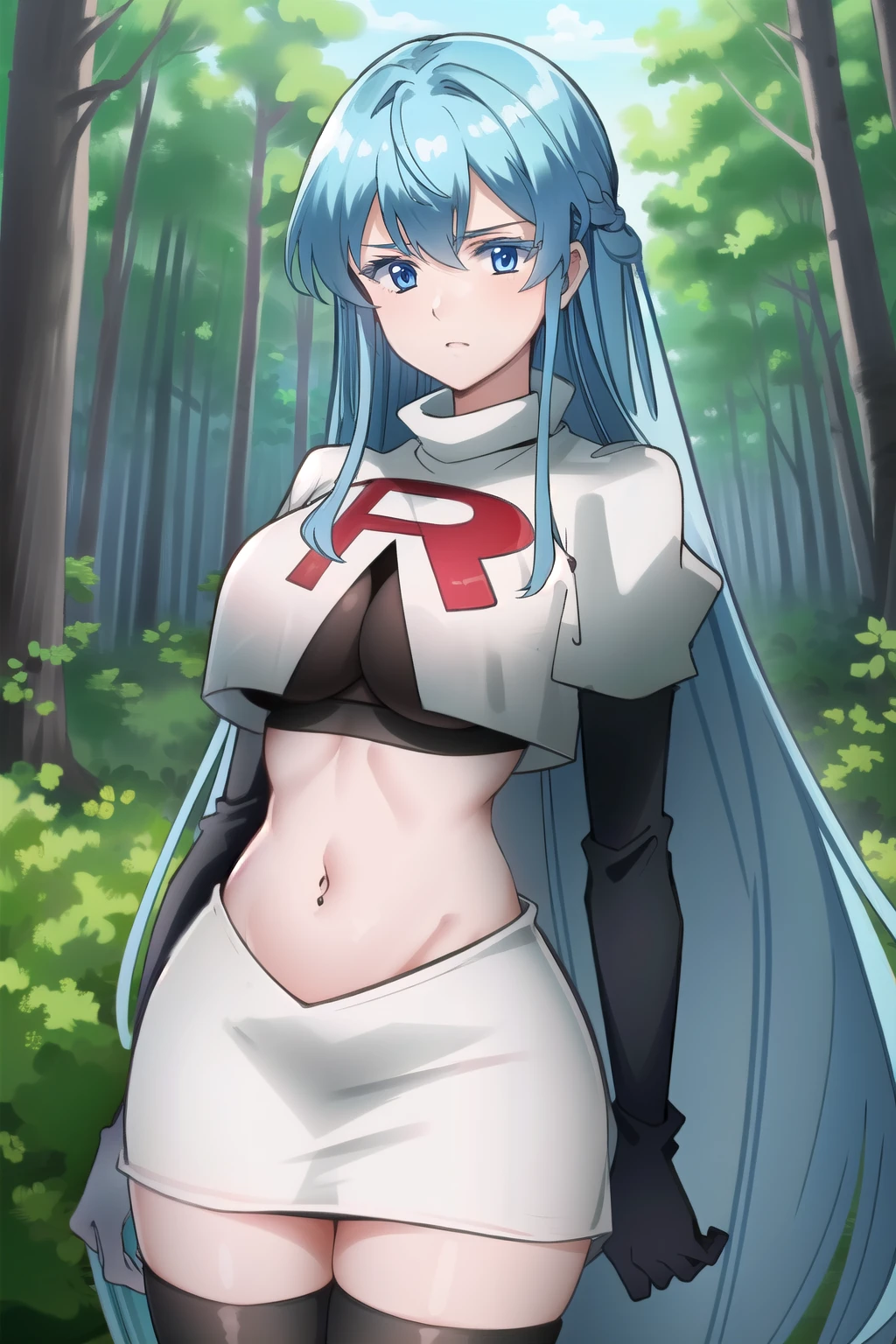 (extremely detailed CG unity 4k wallpaper),(masterpiece),(best quality),(ultra-detailed),(best illustration),(best shadow),(absurdres),(detailed background), Esdeath, 1girl, breasts, long hair, blue hair, blue eyes, large breasts, very long hair, nature, forest, tattoo, mature woman, team rocket,team rocket uniform, red letter R, white skirt,white crop top,black thigh-highs ,black elbow gloves