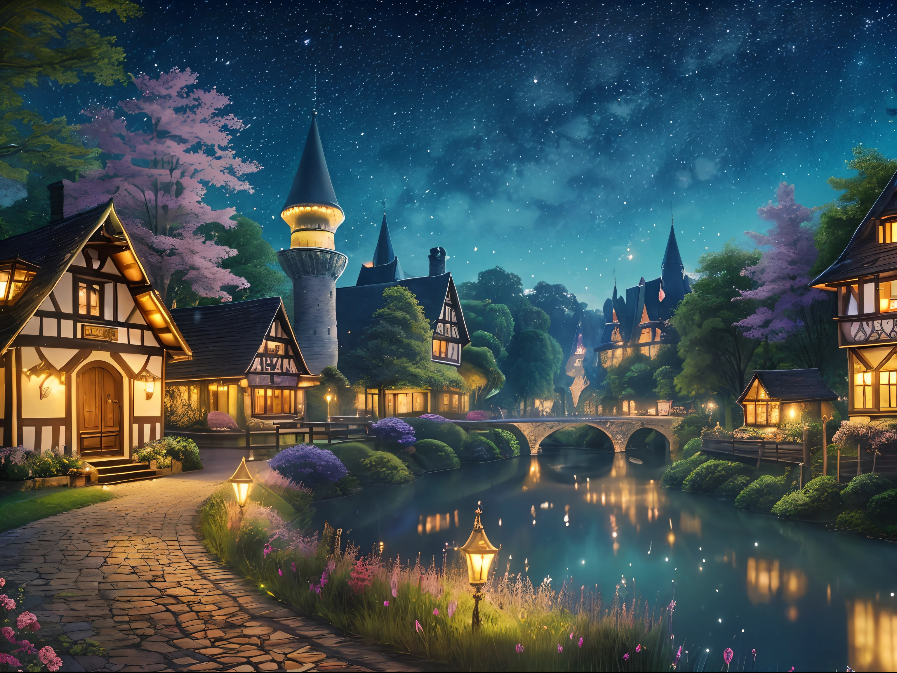 (Zauberwald, Kingdom of the Forest Fairies: 1.2), cute houses, Hoher Palast der Feen, Fluss, (lots of fireflies: 1.1), (Lichterketten: 1.1), Cheerful mood, magical atmosphere. --auto --s2
