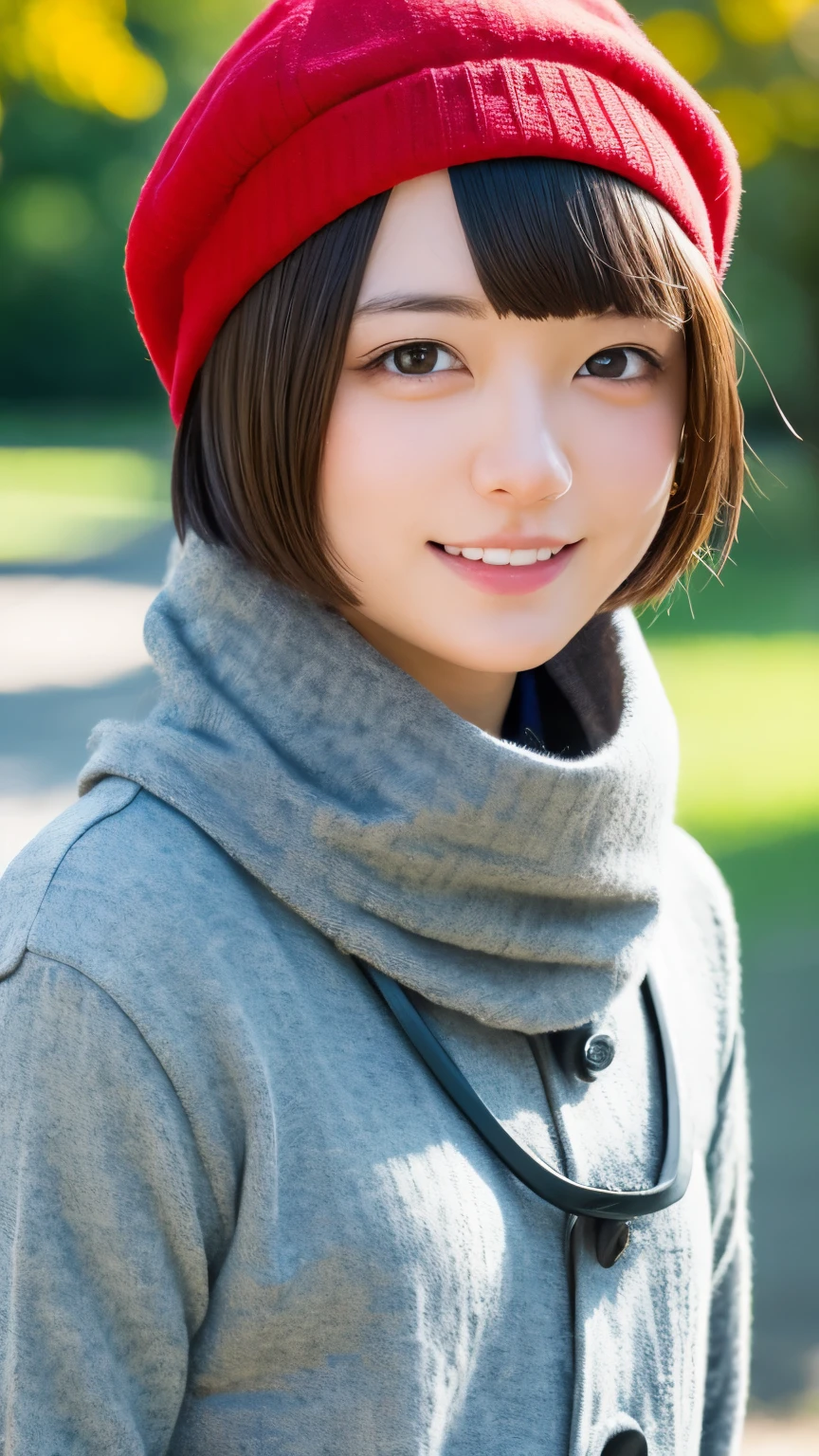 table top:1.2, high quality, 最high quality, High resolution, surreal, with a girl, short bob，hair is dirty, light gray eyes,infinitely clear eyes，16 years old，high neck inner，red knit hat，Scarf，Are standing，head tilt, sunset, outdoors，autumn park:1.5，blurred background, portrait,natural look, (詳細なface), ((sharp focus)), ((face)), Upper body_body