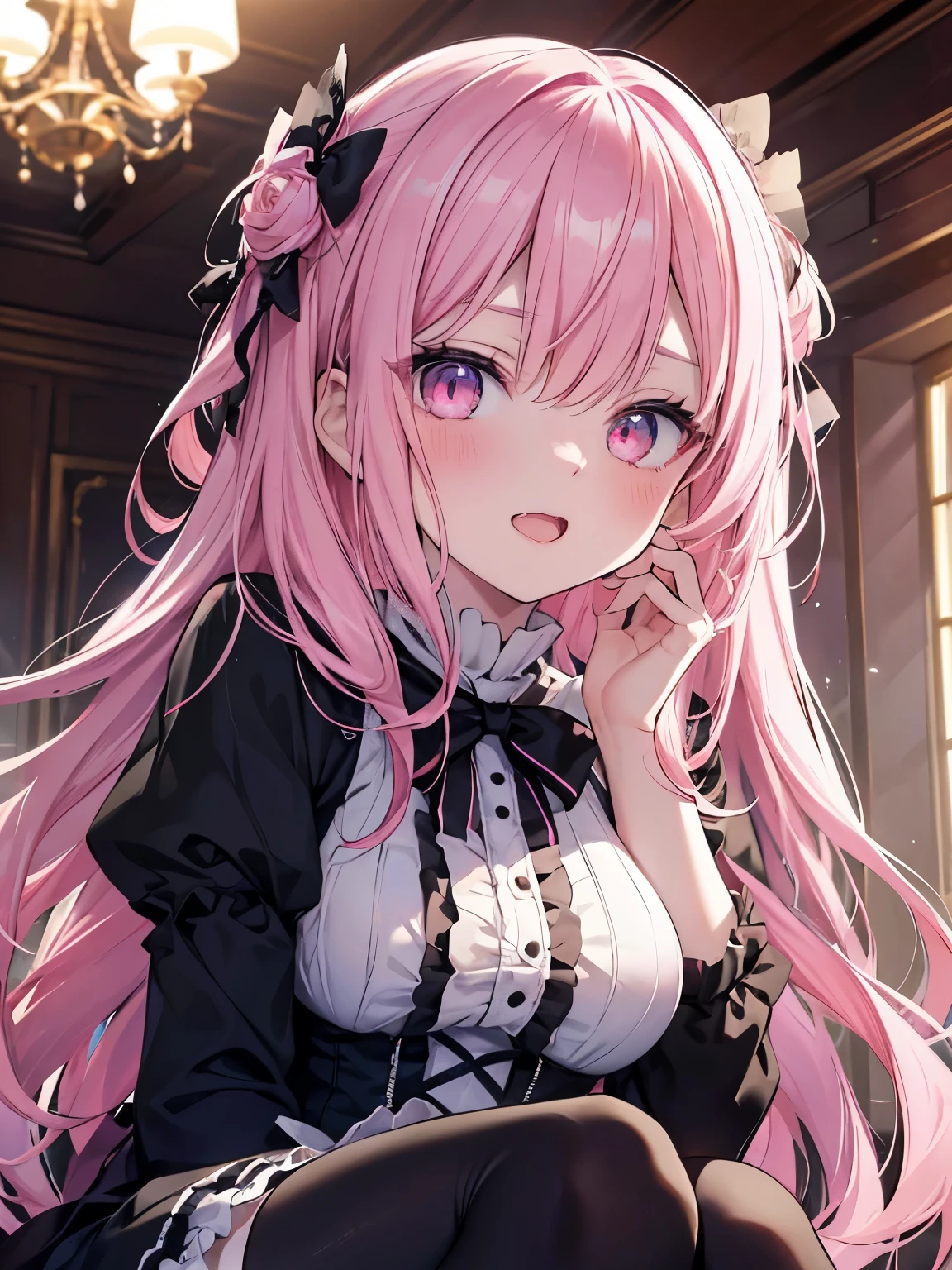 masutepiece, Highest Quality, (Perfect face:1.1), (high detailing:1.1), (ultradetailed eyes), Dramatic, superfine illustration, Extremely detailed,1girl in, teenager,(pale skin), Happy, Laugh, Enjoy,Open mouth,gloweyes,pinkhair,straight hair,Ethereal eyes, pink eye,blush, Solo,Pouty lips,Cinematic lighting, upper body,looking up, leaning forward,Long sleeve, Gothic lolita, frilld, bow ribbon,knee high socks,indoor