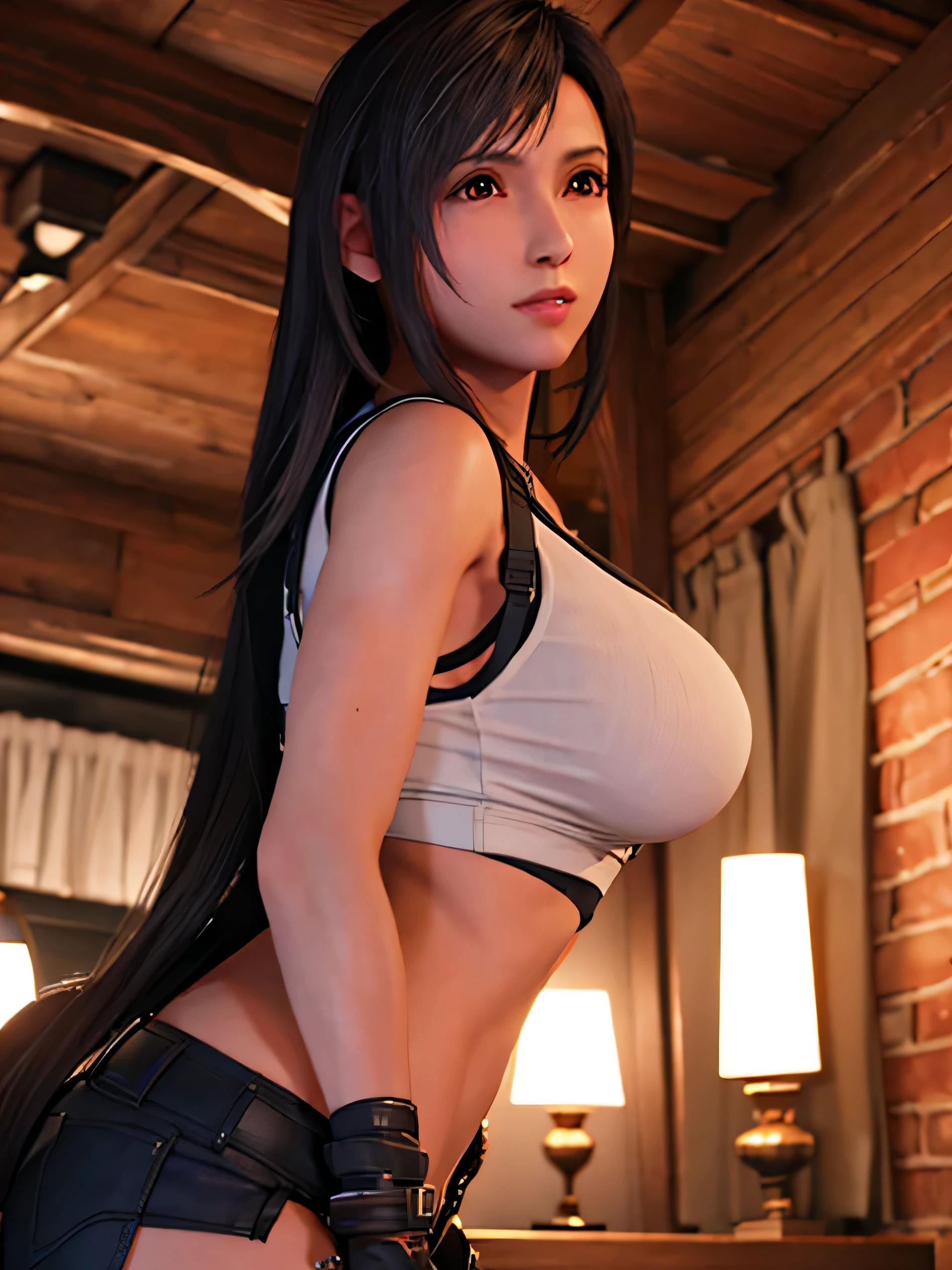 Tifa con diminuta y sugerente ropa interior, pose sensual, culo redondo, big breasts and light brown eyes. 8K, mejor calidad, obra maestra: 1.2