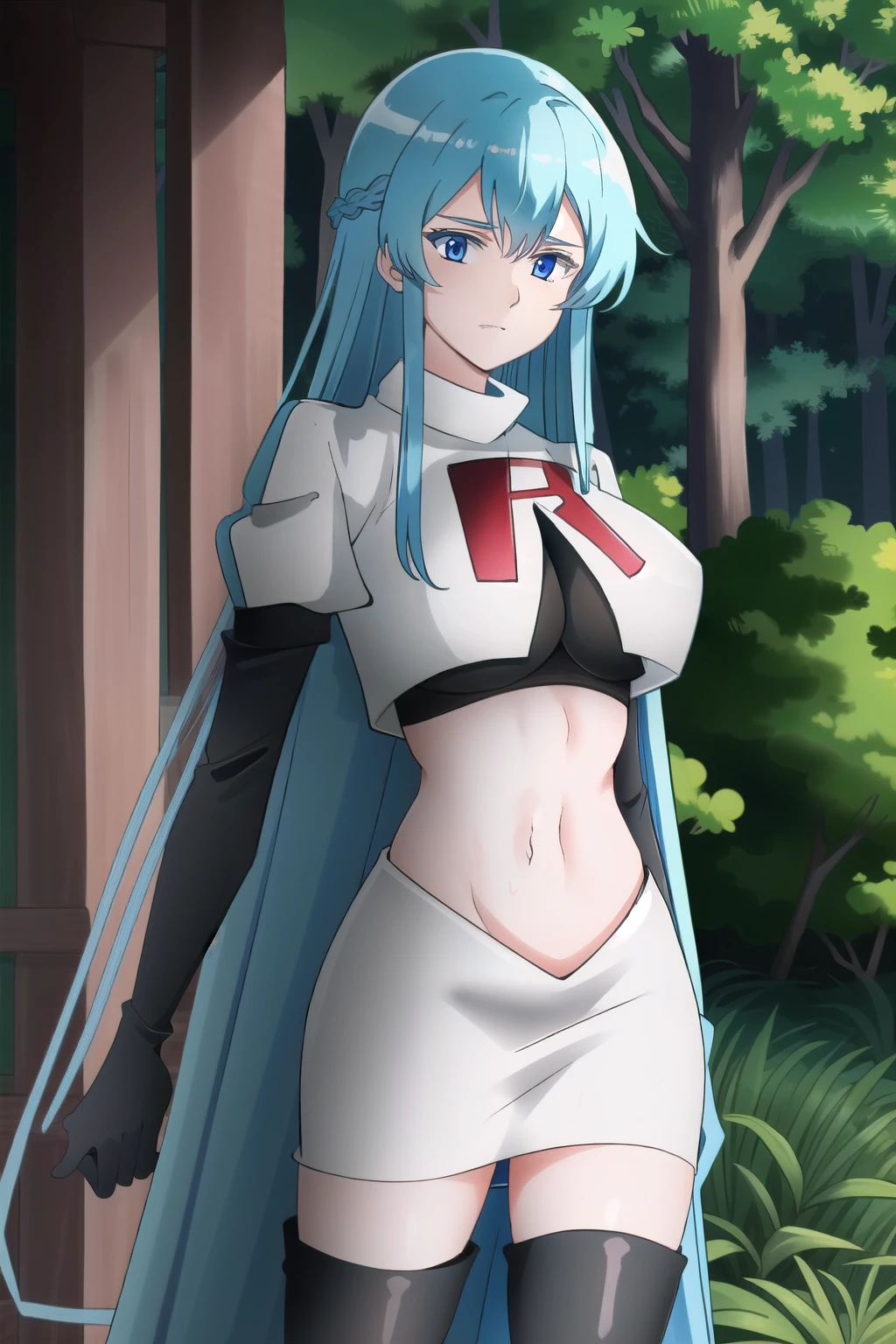 (extremely detailed CG unity 4k wallpaper),(masterpiece),(best quality),(ultra-detailed),(best illustration),(best shadow),(absurdres),(detailed background), Esdeath, 1girl, , long hair, blue hair, blue eyes, large breastslong hair, nature, forest, tattoo, mature woman, ocket,team rocket uniform, red letter R, white skirt,white crop top,black thigh-highs,black elbow gloves