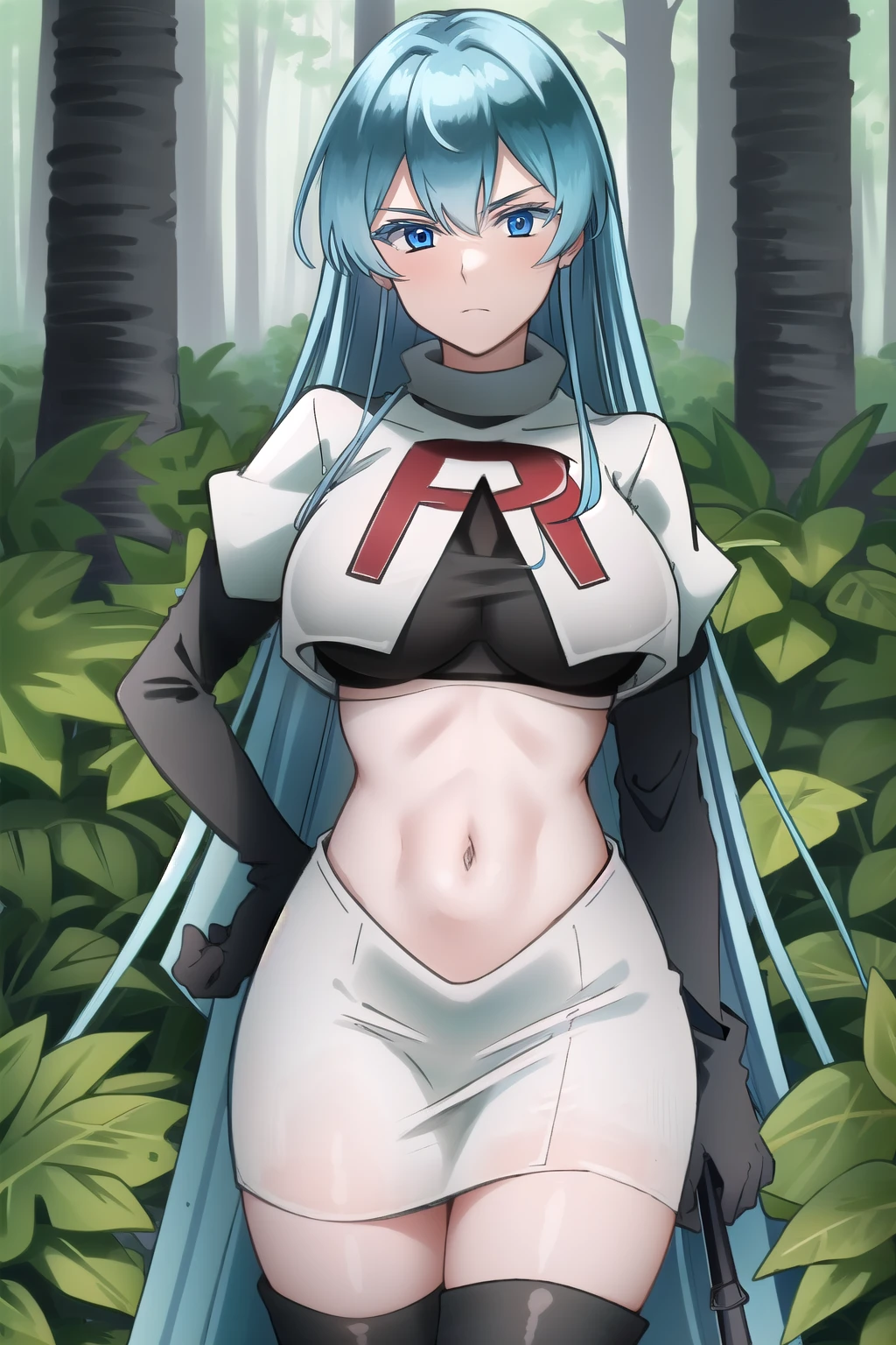 (extremely detailed CG unity 4k wallpaper),(masterpiece),(best quality),(ultra-detailed),(best illustration),(best shadow),(absurdres),(detailed background), Esdeath, 1girl, breasts, long hair, blue hair, blue eyes, large breasts, very long hair, nature, forest, tattoo, mature woman, team rocket,team rocket uniform, red letter R, white skirt,white crop top,black thigh-highs,black elbow gloves