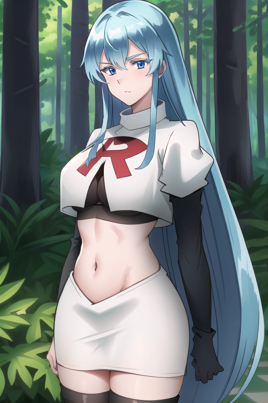 (extremely detailed CG unity 4k wallpaper),(masterpiece),(best quality),(ultra-detailed),(best illustration),(best shadow),(absurdres),(detailed background), Esdeath, 1girl, breasts, long hair, blue hair, blue eyes, large breasts, very long hair, nature, forest, tattoo, mature woman, team rocket,team rocket uniform, red letter R, white skirt,white crop top,black thigh-highs,black elbow gloves