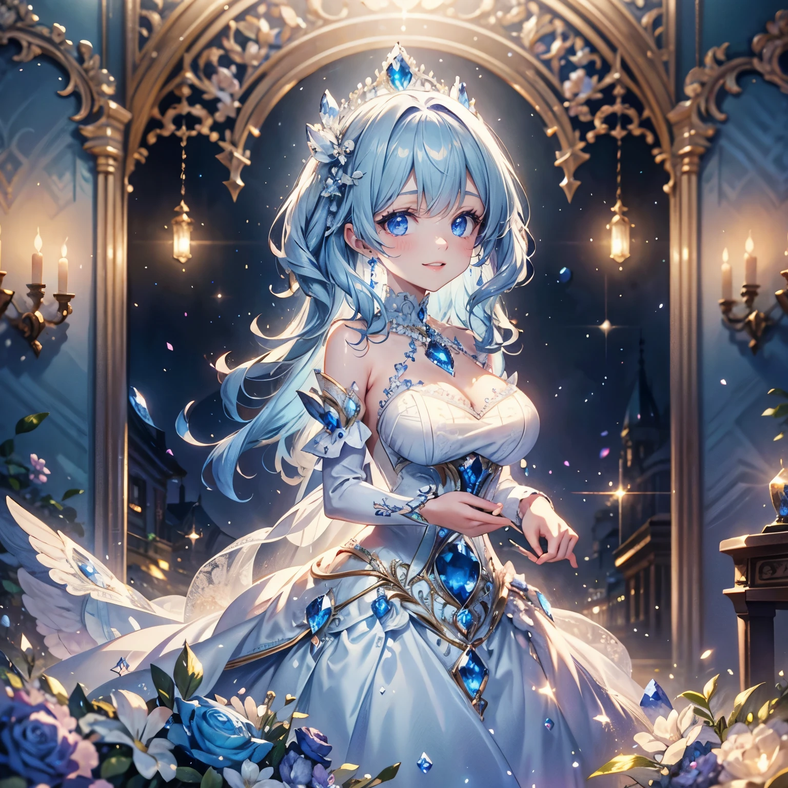 (masterpiece, very detailed, exquisite, beautiful, Full HD, High resolution, confused), soft edge, soft lines, woman, charming princess, goblin, Happy, fun, smile, looking at the viewer, wavy hair, medium hair, Big eyes, white skin, beautiful breasts, slim, sapphire crown, sapphire earrings, sapphire choker, with wings, white background, Objects with a sapphire motif,from before, dynamic angle, dazzling light, dramatic lighting, warm lighting, soft lighting, written boundary depth, fantasy, beautiful, dreamy atmosphere, (white and light blue ball gown dress:1.1, pure white lace and frills,sapphire motif dress), light blue hair, purple eyes