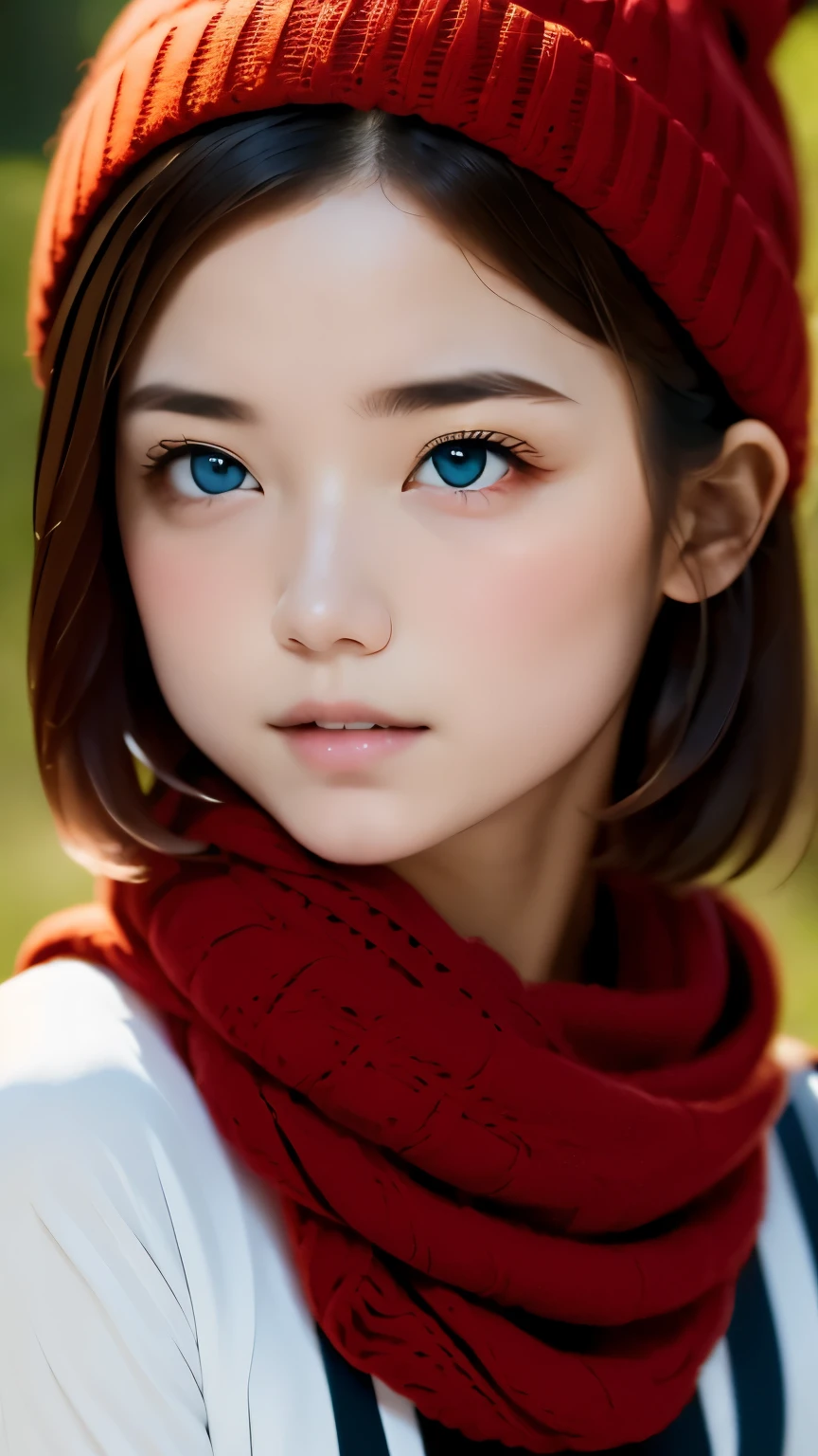 table top:1.2, high quality, 最high quality, High resolution, surreal, with a girl, short bob，hair is dirty, light gray eyes,infinitely clear eyes，，high neck inner，red knit hat，Scarf，Are standing，head tilt, sunset, outdoors，autumn park:1.5，blurred background, portrait,natural look, (詳細なface), ((sharp focus)), ((face)), Upper body_body