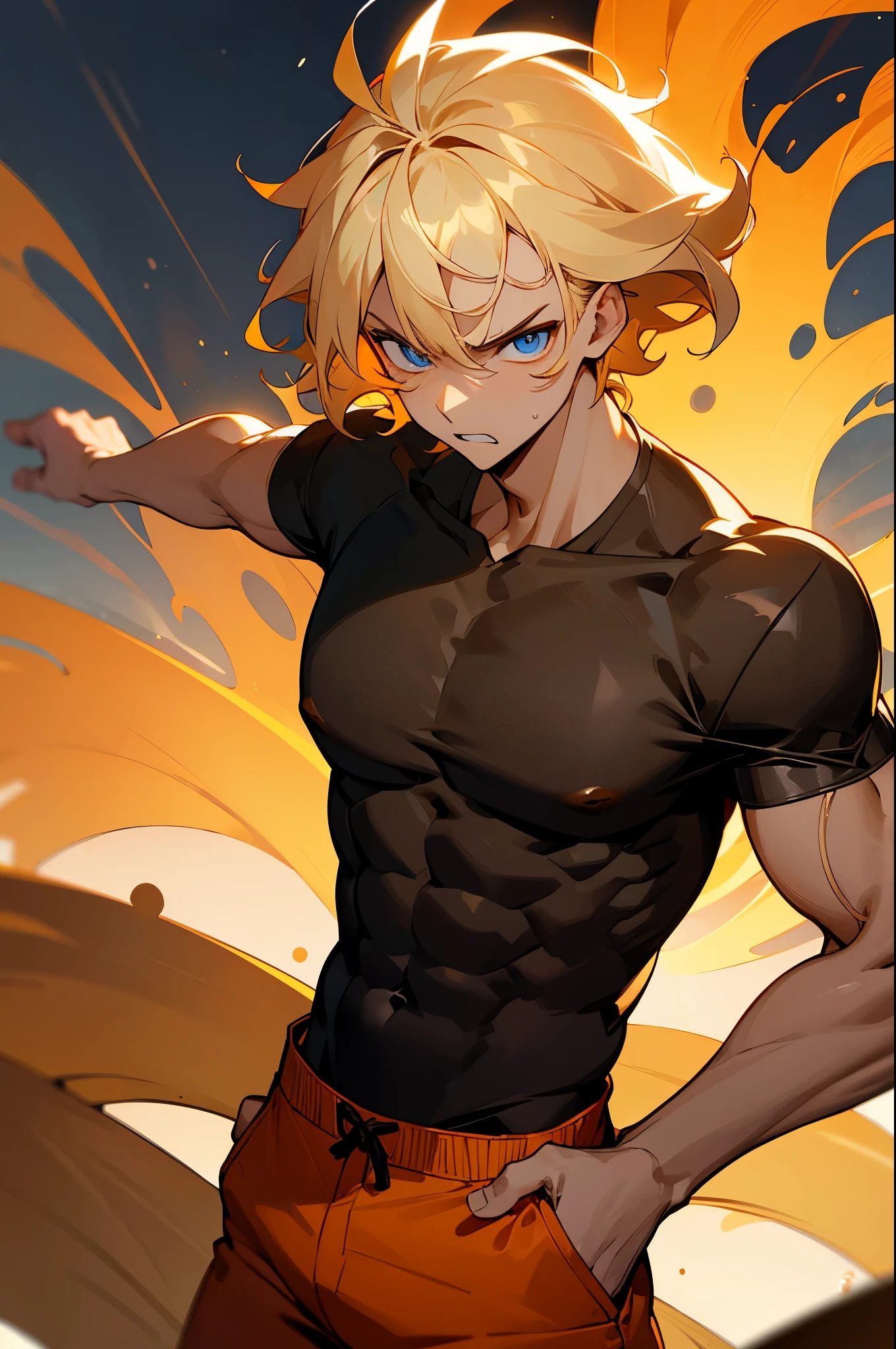 short wavy hair, black shirt, young male, blue eyes, night time, blonde hair, angry, sandy background, caramel skin tone, muscular, orange pants,