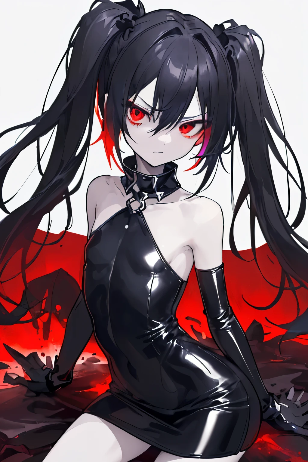((((Dramatic)))、(((gritty)))、(((vehement))、I have a determined look on my face。The background is dark and rough、Makes you feel danger and strength。The color palette is predominantly dark、There are splashes of bright colors、
(animesque:1.3), (cover-style:1.3), black hair, straight black hair, straight hair, long hair, tsundere, succubus, , flat chest, very slim, skinny, thin, sexy, latex dress, skin tight dress, black dress, short skirt, mini skirt, long gloves, red eyes, pigtails, glare,