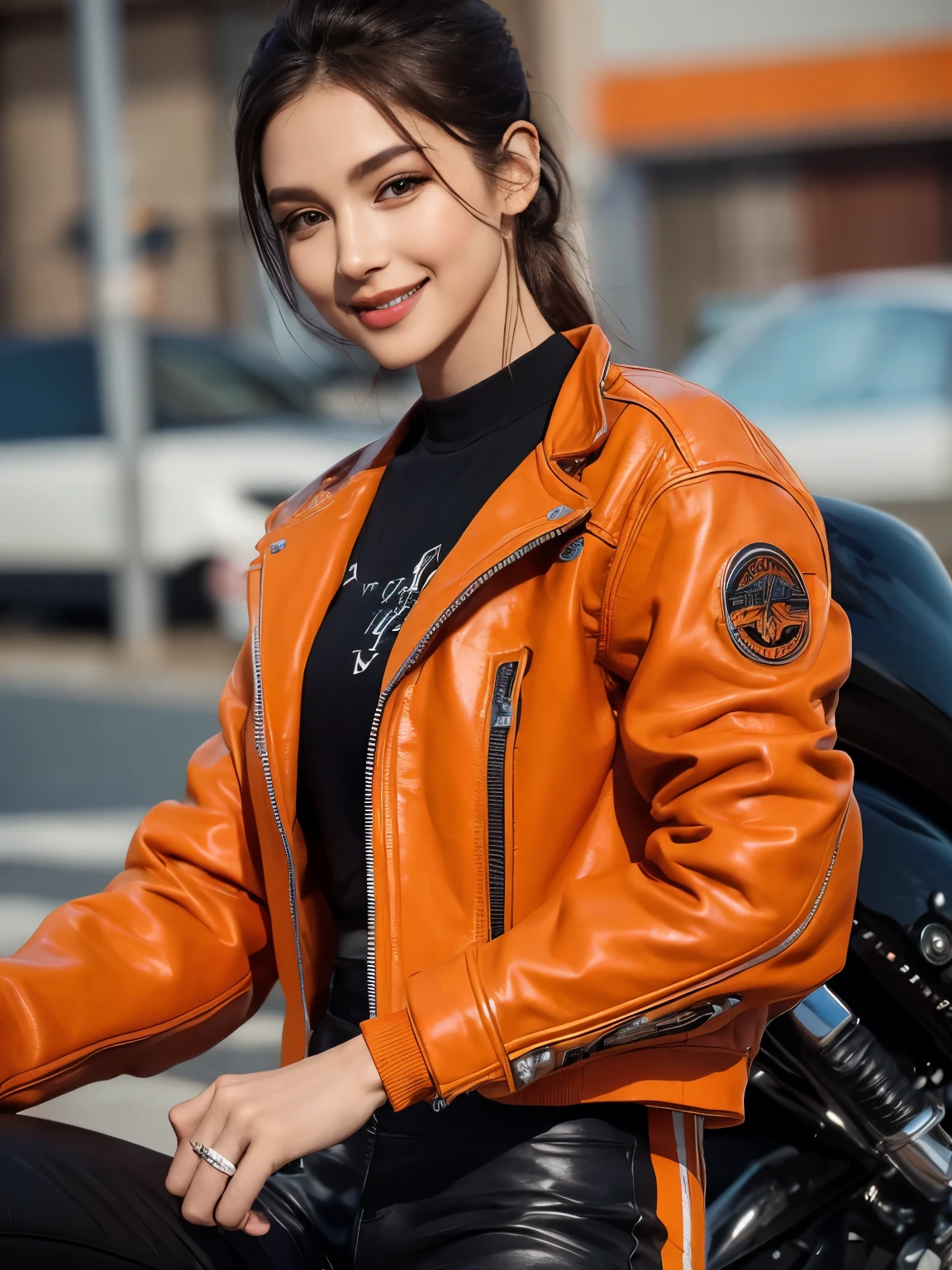 ((highest quality)), ((masterpiece)), (detailed motorcycle), perfect face、Accurate five-fingered hands、double eyelids、small face、realistic skin texture、full body shot、long legs、Beauty、((orange jacket and pants))、smile、slender body、Moist eyes、((spread legs))、((riding a motorcycle))