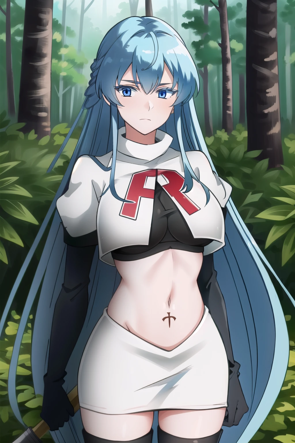 (extremely detailed CG unity 4k wallpaper),(masterpiece),(best quality),(ultra-detailed),(best illustration),(best shadow),(absurdres),(detailed background), Esdeath, 1girl, breasts, long hair, blue hair, blue eyes, large breasts, very long hair, nature, forest, tattoo, mature woman, team rocket,team rocket uniform, red letter R, white skirt,white crop top,black thigh-highs,black elbow gloves