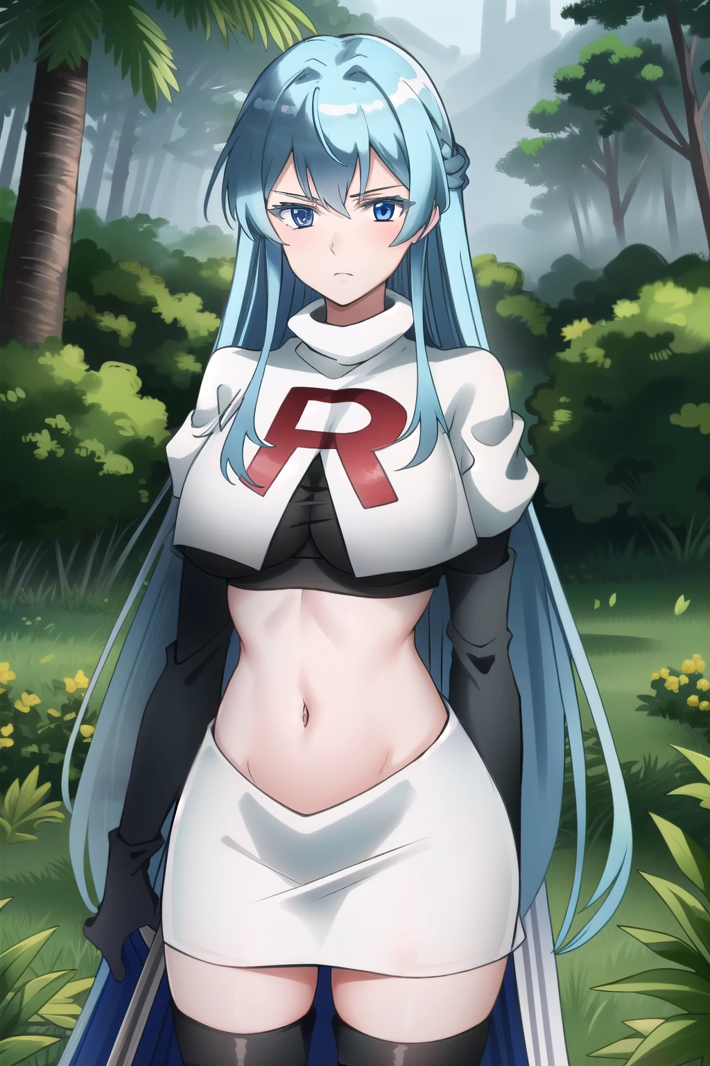 (extremely detailed CG unity 4k wallpaper),(masterpiece),(best quality),(ultra-detailed),(best illustration),(best shadow),(absurdres),(detailed background), Esdeath, 1girl, breasts, long hair, blue hair, blue eyes, large breasts, very long hair, nature, forest, tattoo, mature woman, team rocket,team rocket uniform, red letter R, white skirt,white crop top,black thigh-highs,black elbow gloves