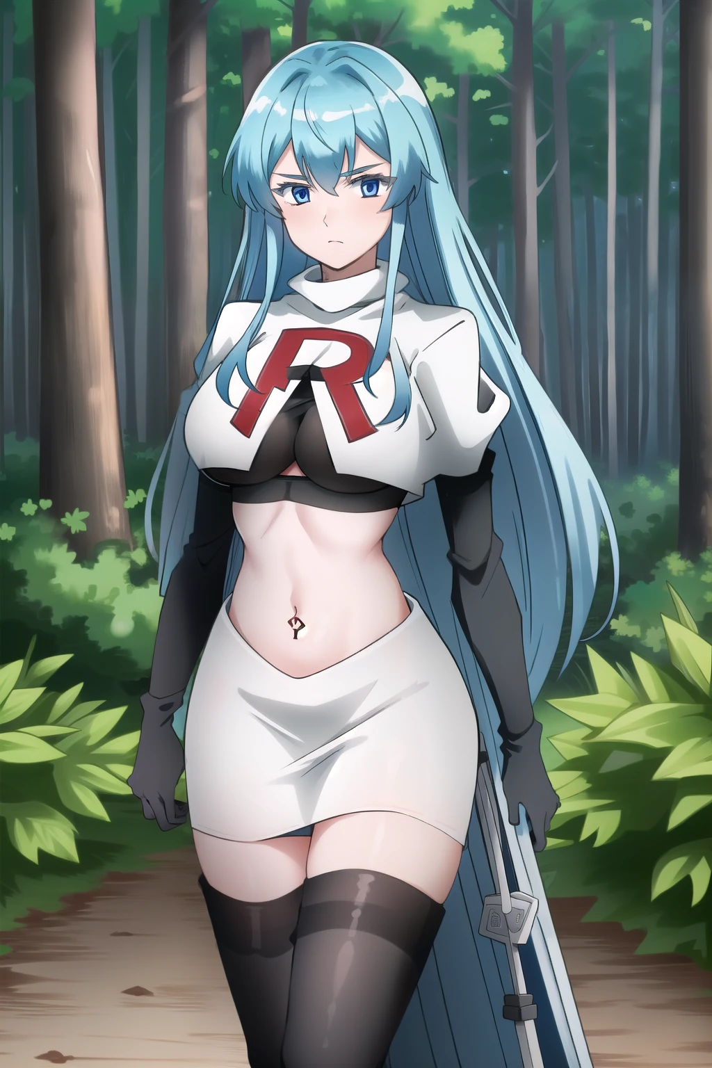 (extremely detailed CG unity 4k wallpaper),(masterpiece),(best quality),(ultra-detailed),(best illustration),(best shadow),(absurdres),(detailed background), Esdeath, 1girl, breasts, long hair, blue hair, blue eyes, large breasts, very long hair, nature, forest, tattoo, mature woman, team rocket,team rocket uniform, red letter R, white skirt,white crop top,black thigh-highs,black elbow gloves