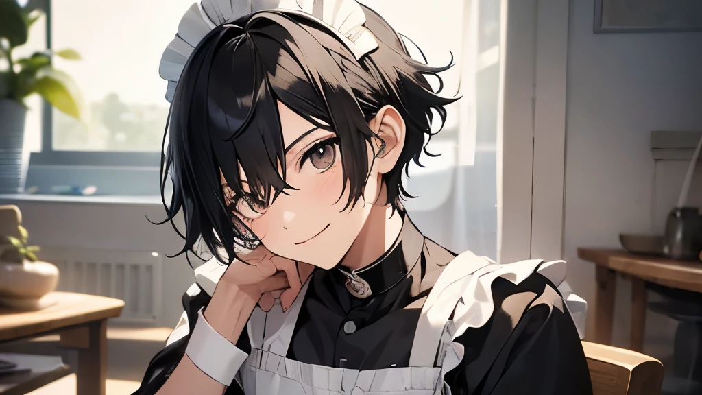 16 year old male、Hair divided into 73 parts、hair is black、hair cut short、Looks serious、one's home、very smiling、wearing a maid outfit
