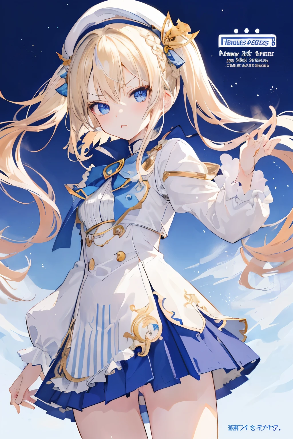 (animesque:1.3), (cover-style:1.3)Extreme refinement, 1girl in、tsundere look、scowl, A pure girl, plain white dress, military style, blue accents, gold hardware, short pleated skirt, mage outfit, Lolita, military Lolita, miniskirt, beret, blue accents, babydoll dress, long wavy hair, blonde hair, platinum hair, pigtails, braided pigtails, blue eyes, innocent, pure, angelic shoujo, 2000’s anime style() ( body) (very thin) (no curves)