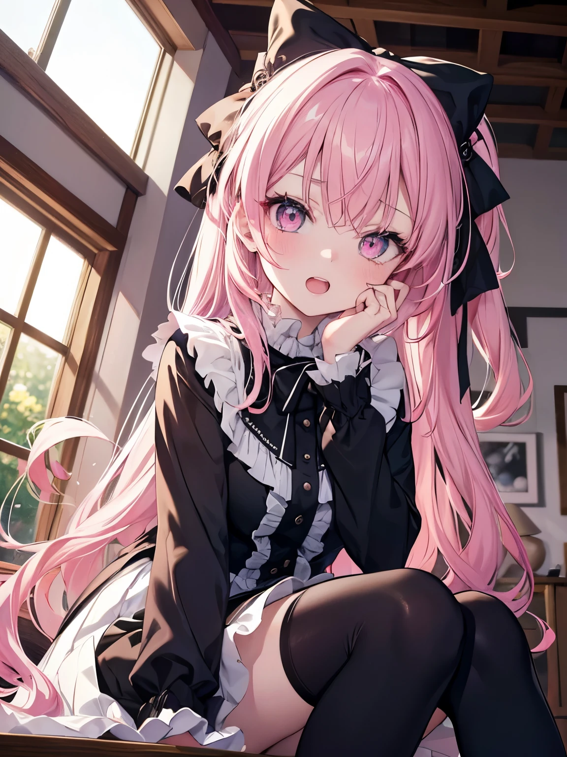 masutepiece, Highest Quality, (Perfect face:1.1), (high detailing:1.1), (ultradetailed eyes), Dramatic, superfine illustration, Extremely detailed,1girl in, teenager,(pale skin), Happy, Laugh, Enjoy,Open mouth,gloweyes,pinkhair,straight hair,Ethereal eyes, pink eye,blush, Solo,Pouty lips,Cinematic lighting, upper body,looking up, leaning forward,Long sleeve, Gothic lolita, frilld, bow ribbon,knee high socks,indoor