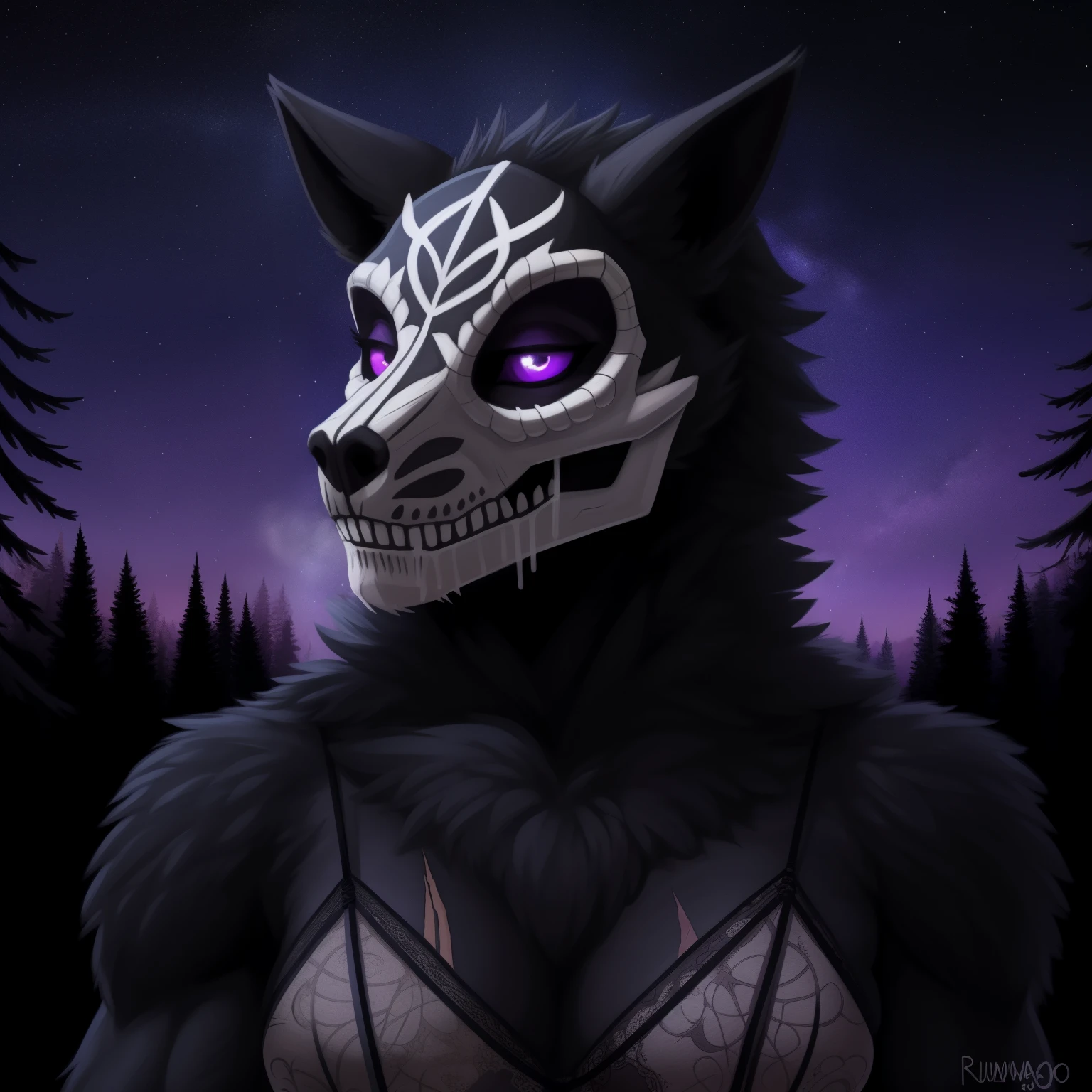 Tall_muscular_mature_werewolf female black_furry_body purple_eyes chest_tuft very_fluffy misty_breath snowy_forest starry_sky solo Masterpiece best_quality absurdres highly_detailed well_drawn_eyes anthro_only by_greasymojo by_runawaystride scars portrait laced_gown sugar_skull_face_paint