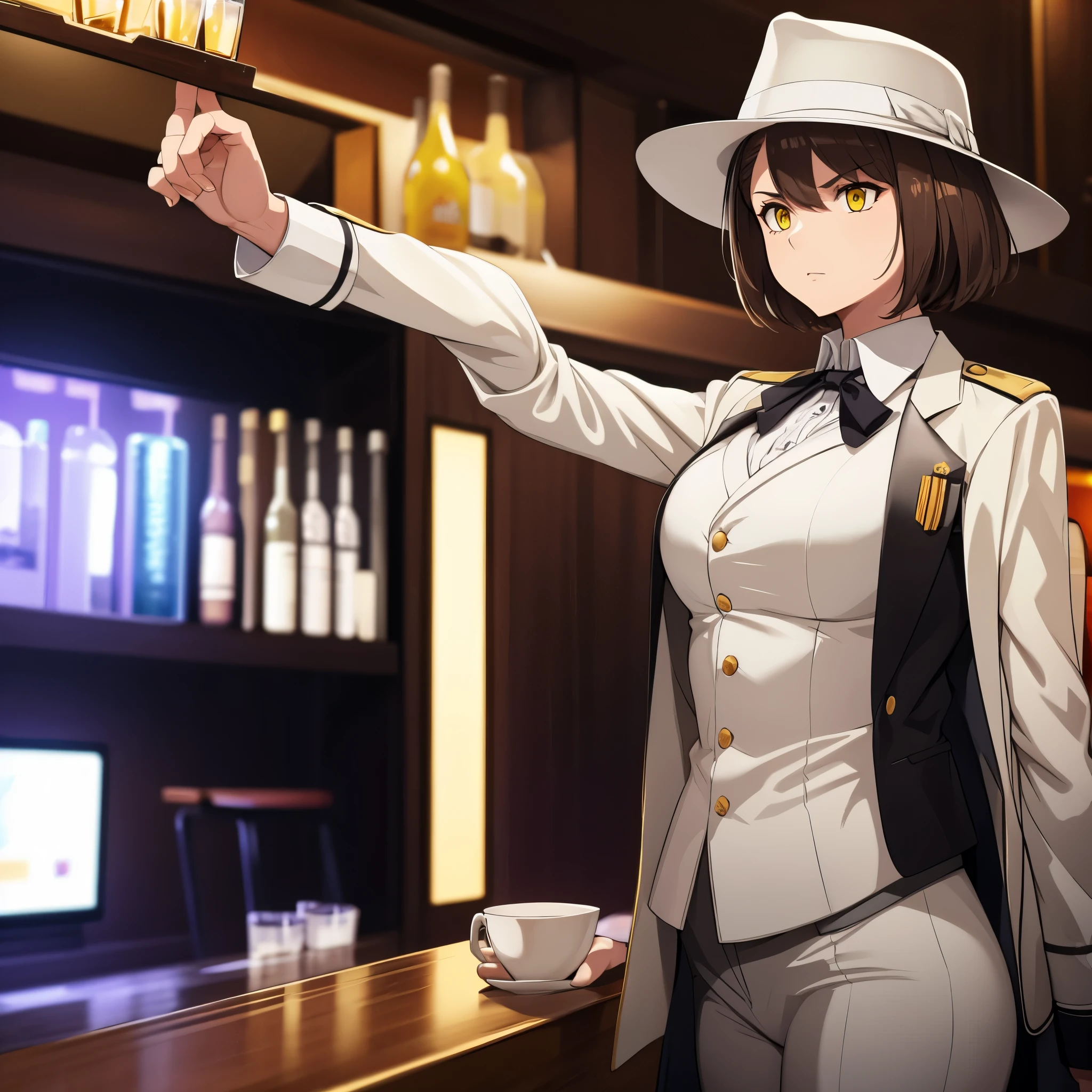 A woman with short brown hair, yellow eyes, wearing a white smooth criminal style suit, white hat, in a bar at night.
