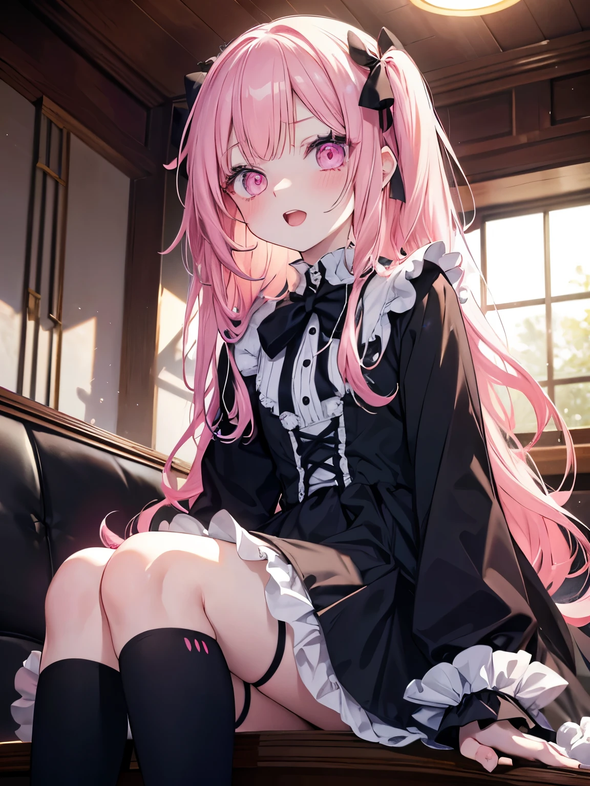 masutepiece, Highest Quality, (Perfect face:1.1), (high detailing:1.1), (ultradetailed eyes), Dramatic, superfine illustration, Extremely detailed,1girl in, teenager,(pale skin), Happy, Laugh, Enjoy,Open mouth,gloweyes,pinkhair,straight hair,Ethereal eyes, pink eye,blush, Solo,Pouty lips,Cinematic lighting, upper body,looking up, leaning forward,Long sleeve, Gothic lolita, frilld, bow ribbon,knee high socks,indoor