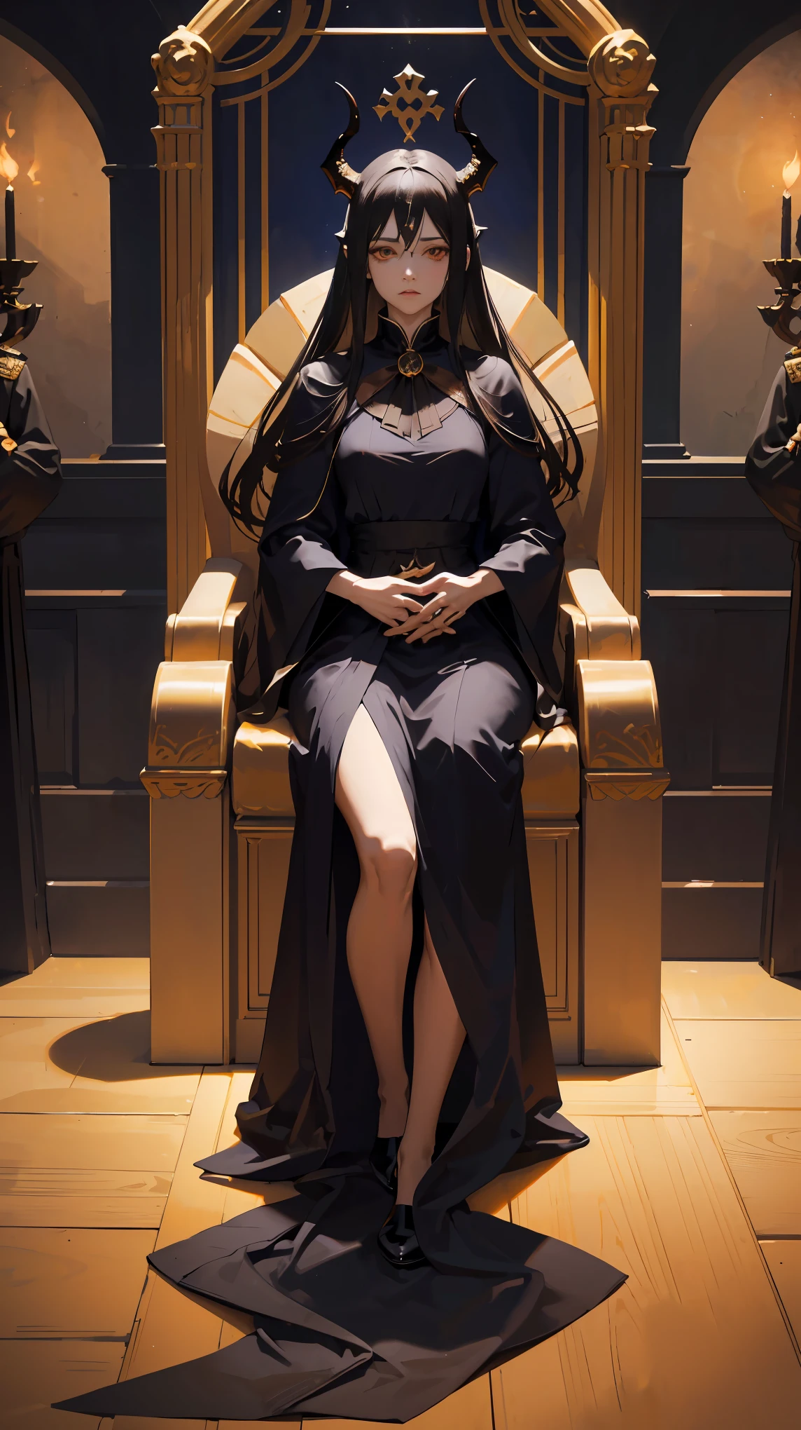 Seven Rhaeyar, Ancient Star goddess, Perfect female anatomy (Adult Female, 166cm in height, pale skin, slim, slender, 34D breast size, Dark Orange Eyes with beautiful details, Long Straight Black Hair, Beauty Mark Mole on right cheek bone, a set of black horns on her head), Neutral facial expression, Elegant white dress with black bow tie, blue coat knee length, dragon motifs, gold and rope accessories, receiving light from the front, Ethereal glow, surrounded by her shrine maidens at the entrance to her throne room