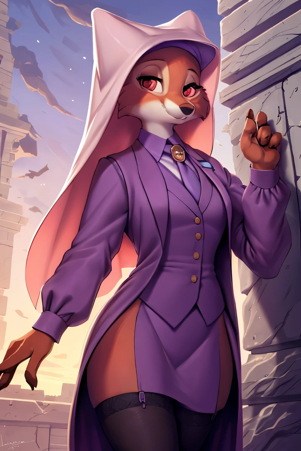 best quality, furry, anthro, animal nose,  maidmarian, smile, orange eyes, fox, waving, skirt suit, (((three-piece suit))), necktie, blazer, suit jacket, waistcoat, bodycon skirt, showing off, showing leg, ((((holding lapel)))), detailed hand, exterior, retrato con gran apertura, cool tones, fuerte impacto visual, espacio en blanco, contraste de luces y sombras, Super texture, resplandor del atardecer, Super clear image, imagen sencilla