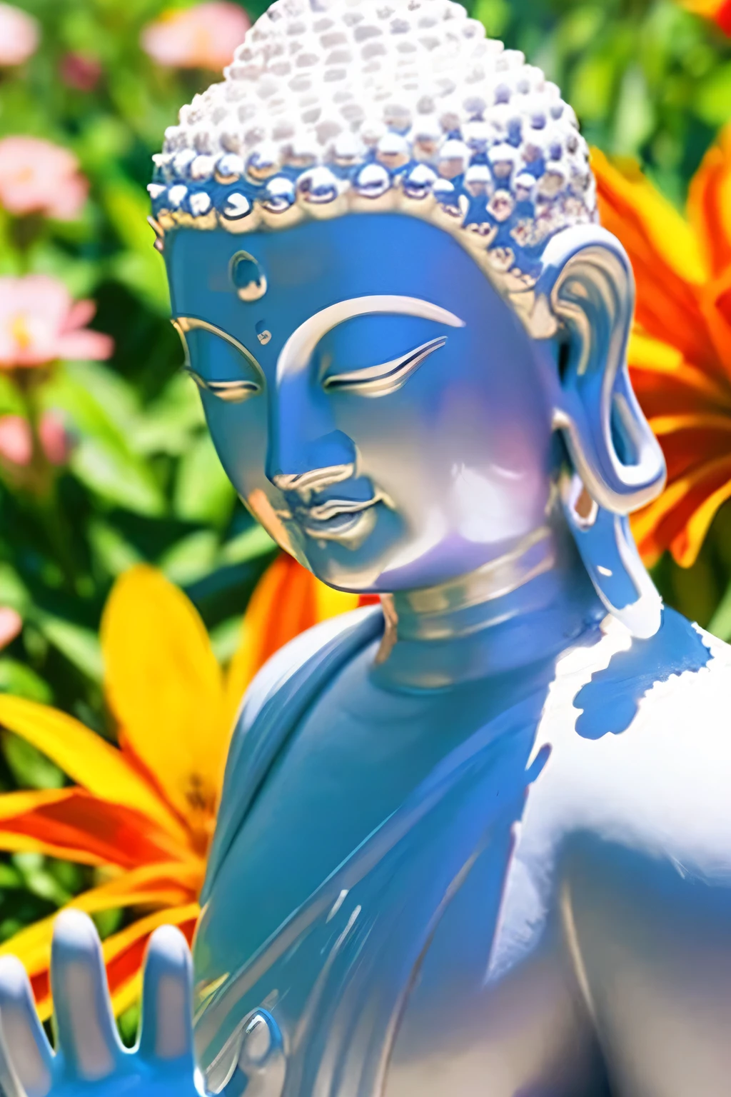 明るい背景のBuddha像　 Buddha　solo front　looking here　halo is shining　upper body only　close up of face　hold hands　Like a photograph　Amazing background full of flowers
