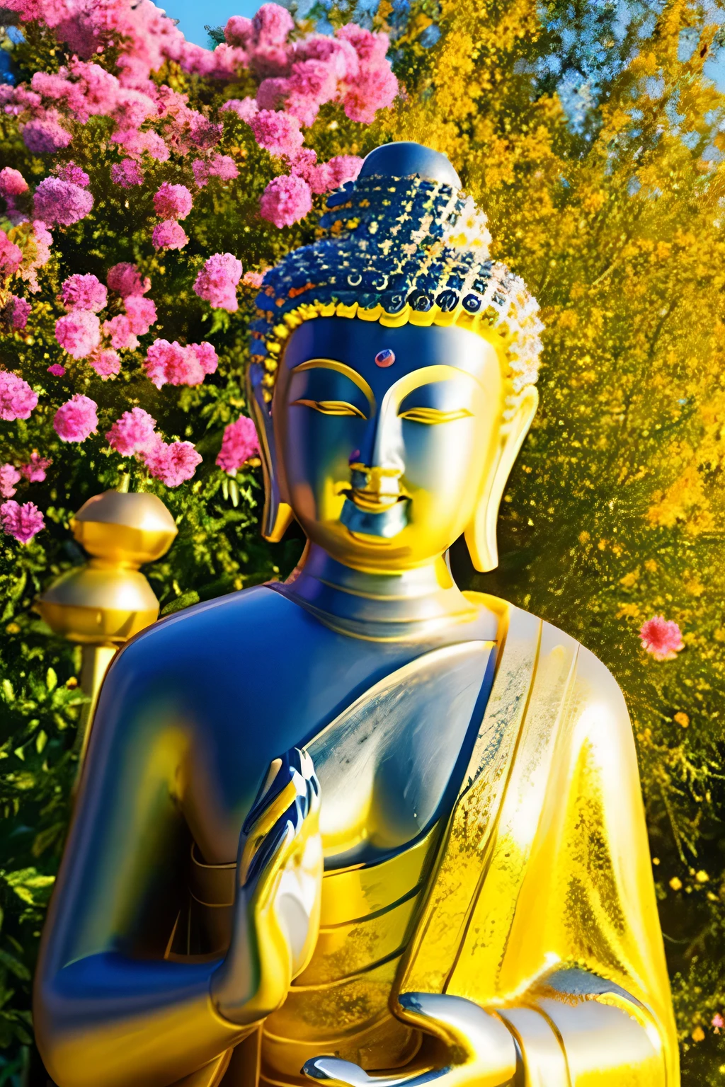 明るい背景のBuddha像　 Buddha　solo front　looking here　halo is shining　upper body only　close up of face　hold hands　Like a photograph　Amazing background full of flowers
