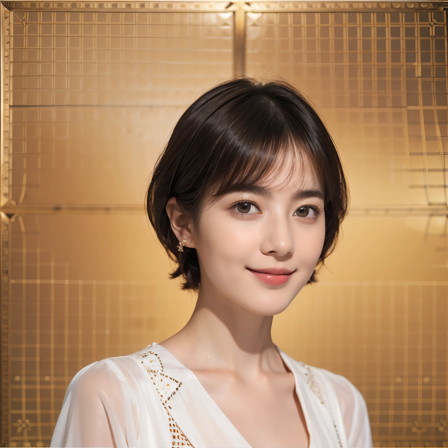 176 short hair, 20 year old woman, gentle smile, (The background is a magic square,fractal art:1.46)