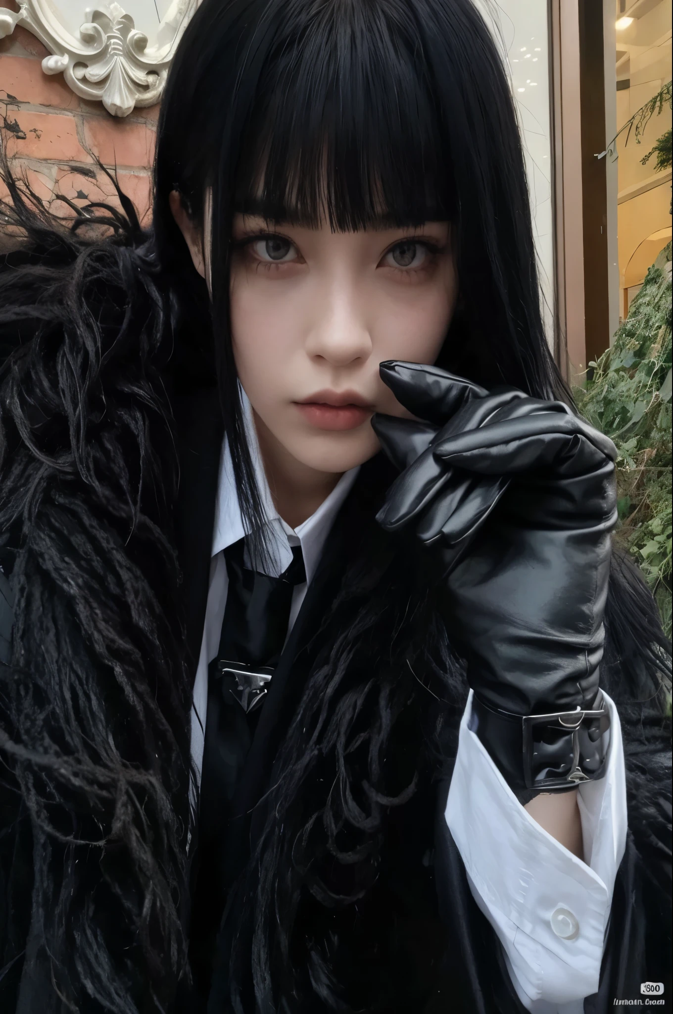 Mujer arafed con abrigo negro y corbata con guante negro., 1 7 - year - old anime gothic girl, cruel korean gothic girl, chica cyberpunk de pelo negro azabache, dos colas blancas_guantes, ella tiene el pelo negro con flequillo, gothic girl aesthetic, chica anime en la vida real, 1 7 - year - old gothic girl, chica anime cosplay, gothic girl