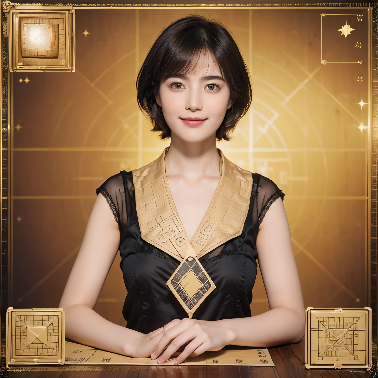 176 short hair, 20 year old woman, gentle smile, (The background is a magic square,fractal art:1.46)
