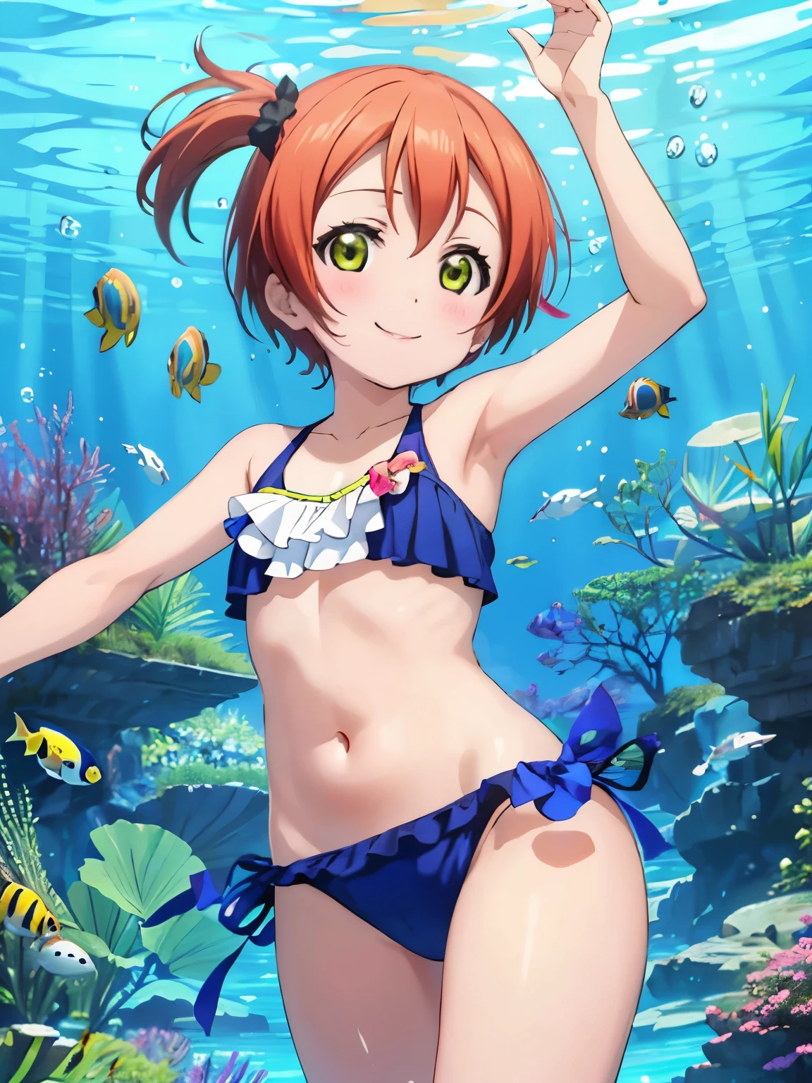 beautiful fish from underwater、solo、1 girl、swim with many fish,bubble、rin hoshizora、colorful swimwear、smile、cute swimwear、cowboy shot、Shooting from under water、smile