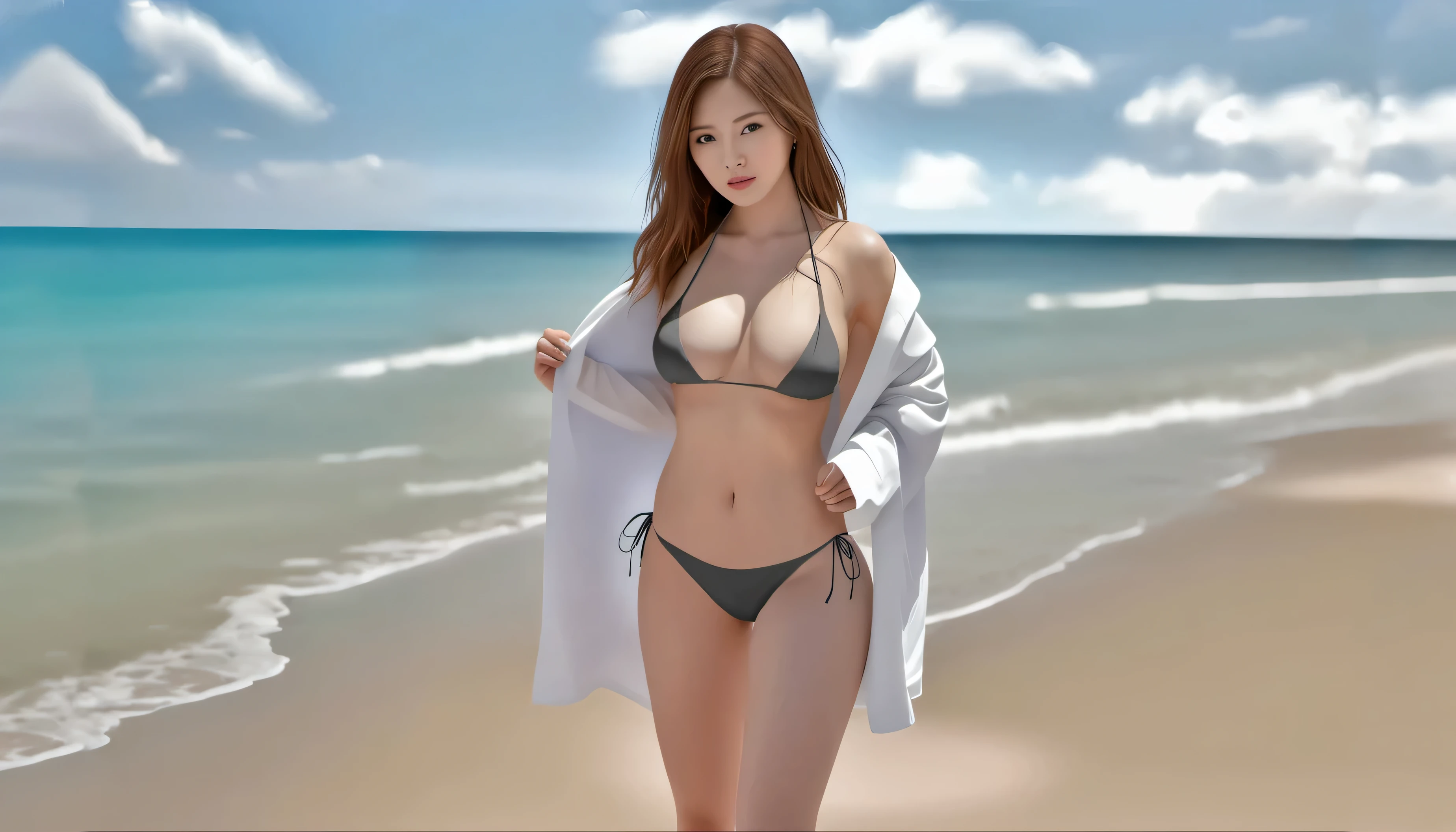 there is a woman in a bikini standing on the beach, realistic bikini, korean girl, photorealistic perfect body, korean woman, [ 4 k digital art ]!!, beautiful south korean woman, hot with shining sun, gorgeous young korean woman, beautiful young korean woman, at the beach, in the beach, swimsuit, heonhwa choe, at a beach
