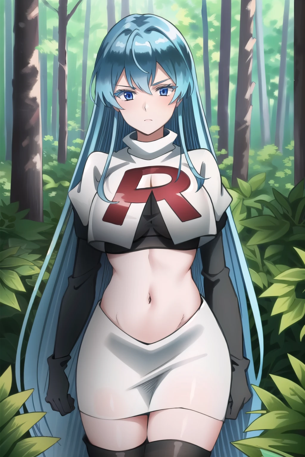 (extremely detailed CG unity 4k wallpaper),(masterpiece),(best quality),(ultra-detailed),(best illustration),(best shadow),(absurdres),(detailed background), Esdeath, 1girl, breasts, long hair, blue hair, blue eyes, large breasts, very long hair, nature, forest, tattoo, mature woman, team rocket,team rocket uniform, red letter R, white skirt,white crop top,black thigh-highs,black elbow gloves