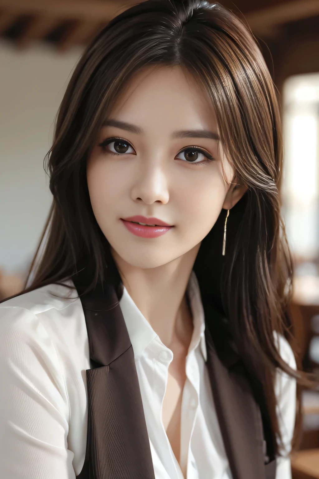 table top, highest quality, realistic, Super detailed, finely, High resolution, 8k wallpaper, 1 beautiful woman,, light brown messy hair, wearing a business suit, sharp focus, perfect dynamic composition, finelyて美しい目, thin hair, Detailed and realistic skin texture, smile, close-up portrait, model body shape