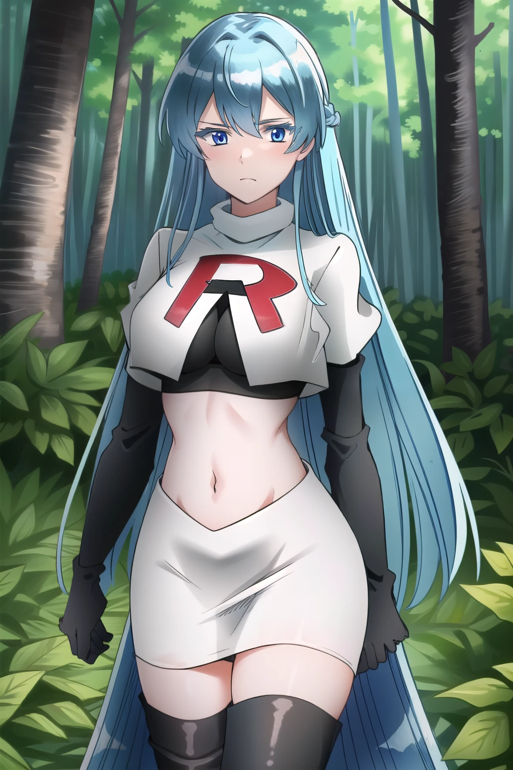 (extremely detailed CG unity 4k wallpaper),(masterpiece),(best quality),(ultra-detailed),(best illustration),(best shadow),(absurdres),(detailed background), Esdeath, 1girl, breasts, long hair, blue hair, blue eyes, large breasts, very long hair, nature, forest, tattoo, mature woman, team rocket,team rocket uniform, red letter R, white skirt,white crop top,black thigh-highs,black elbow gloves