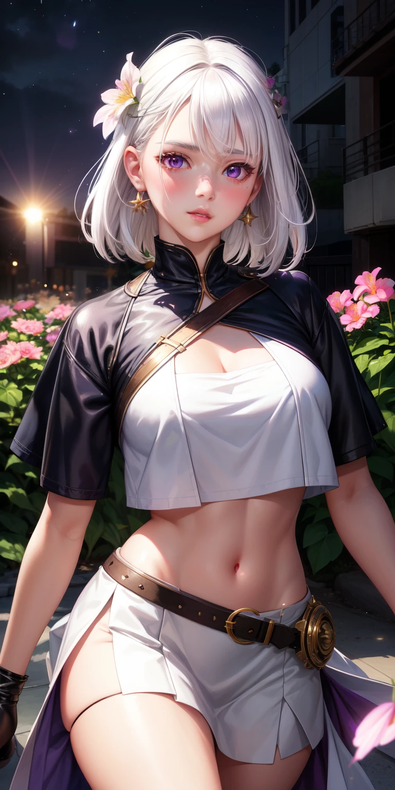 realistic, 1girl, white hair, purple eyes, glowing eyes, crop top, skirt, parted lips, blush, night, flowers, sun, sunlight,nekked